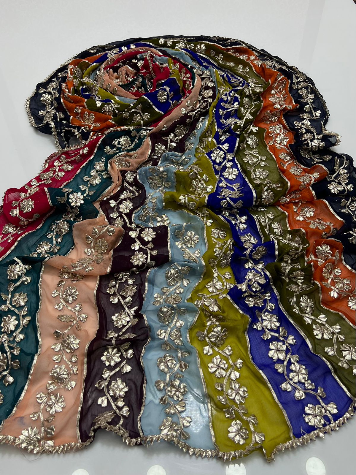 Handmade Multi-Shaded Gotta Work Dupatta – Soft Crinkle Chiffon
