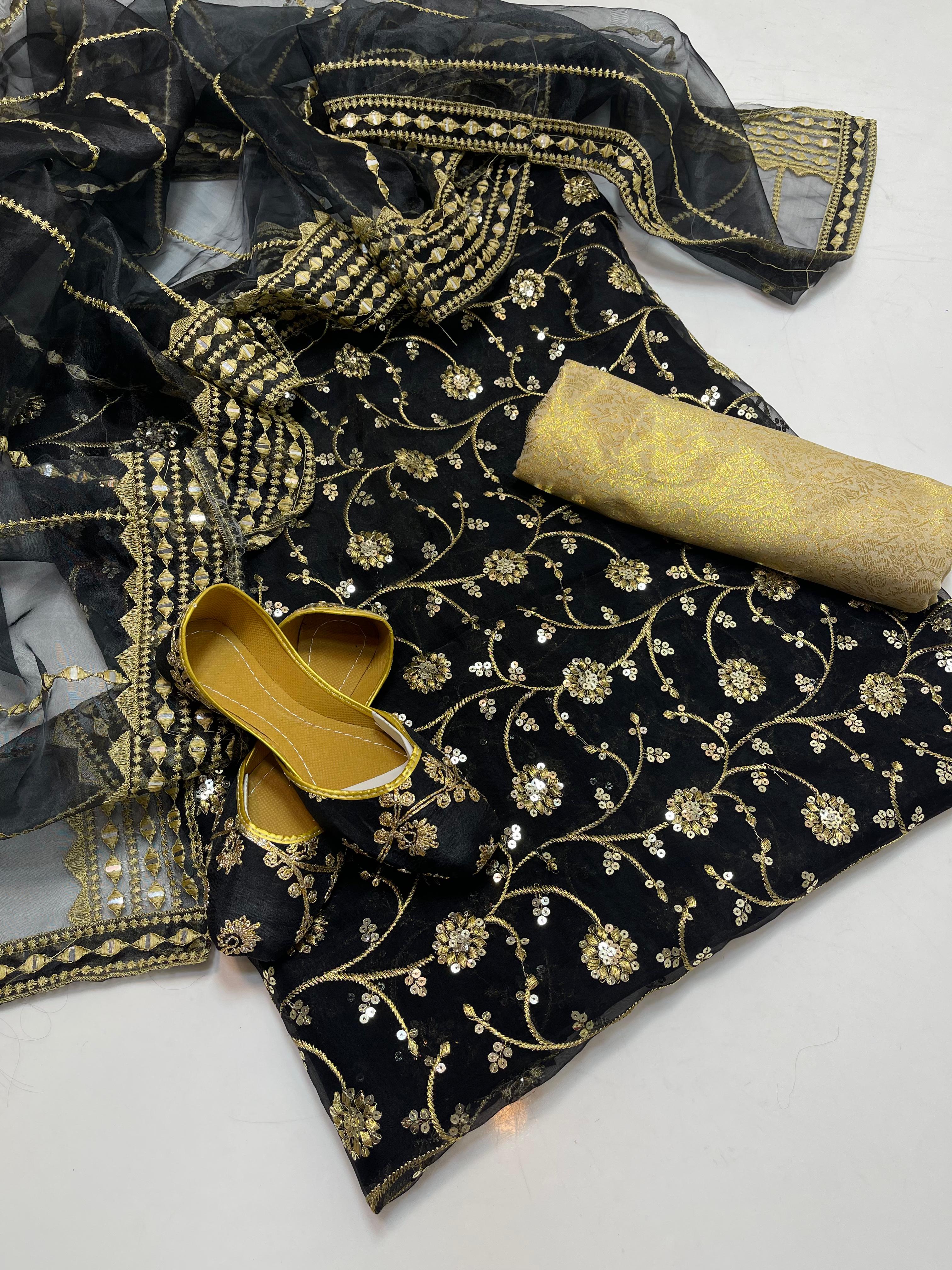 ✅Organza embroidery work shirt 
✅ tissue 9mm embroidery work duppata 
Jamawar banarsi trouser 
With beautiful khusa 
4piece dress 👗
