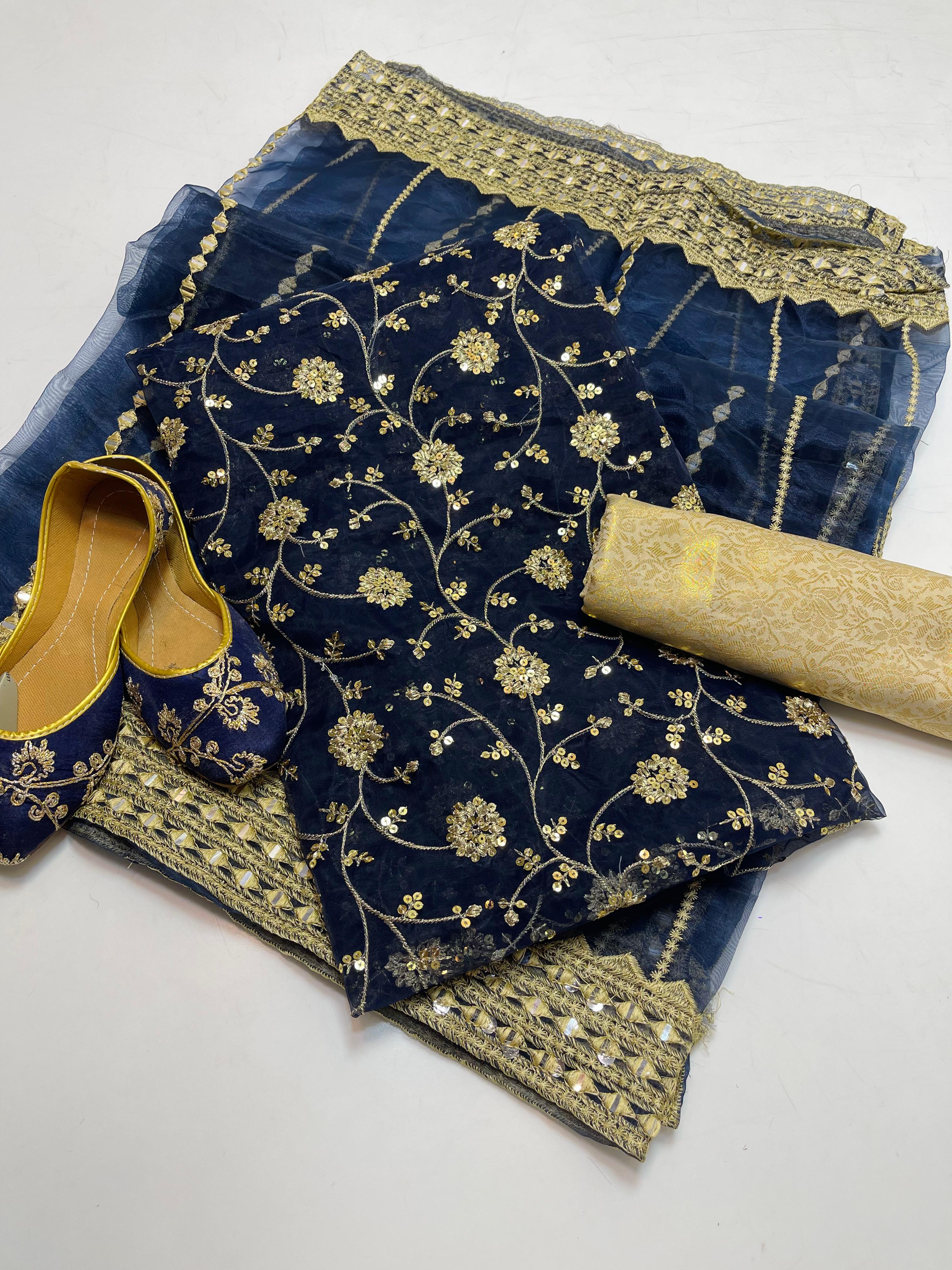 ✅Organza embroidery work shirt 
✅ tissue 9mm embroidery work duppata 
Jamawar banarsi trouser 
With beautiful khusa 
4piece dress 👗