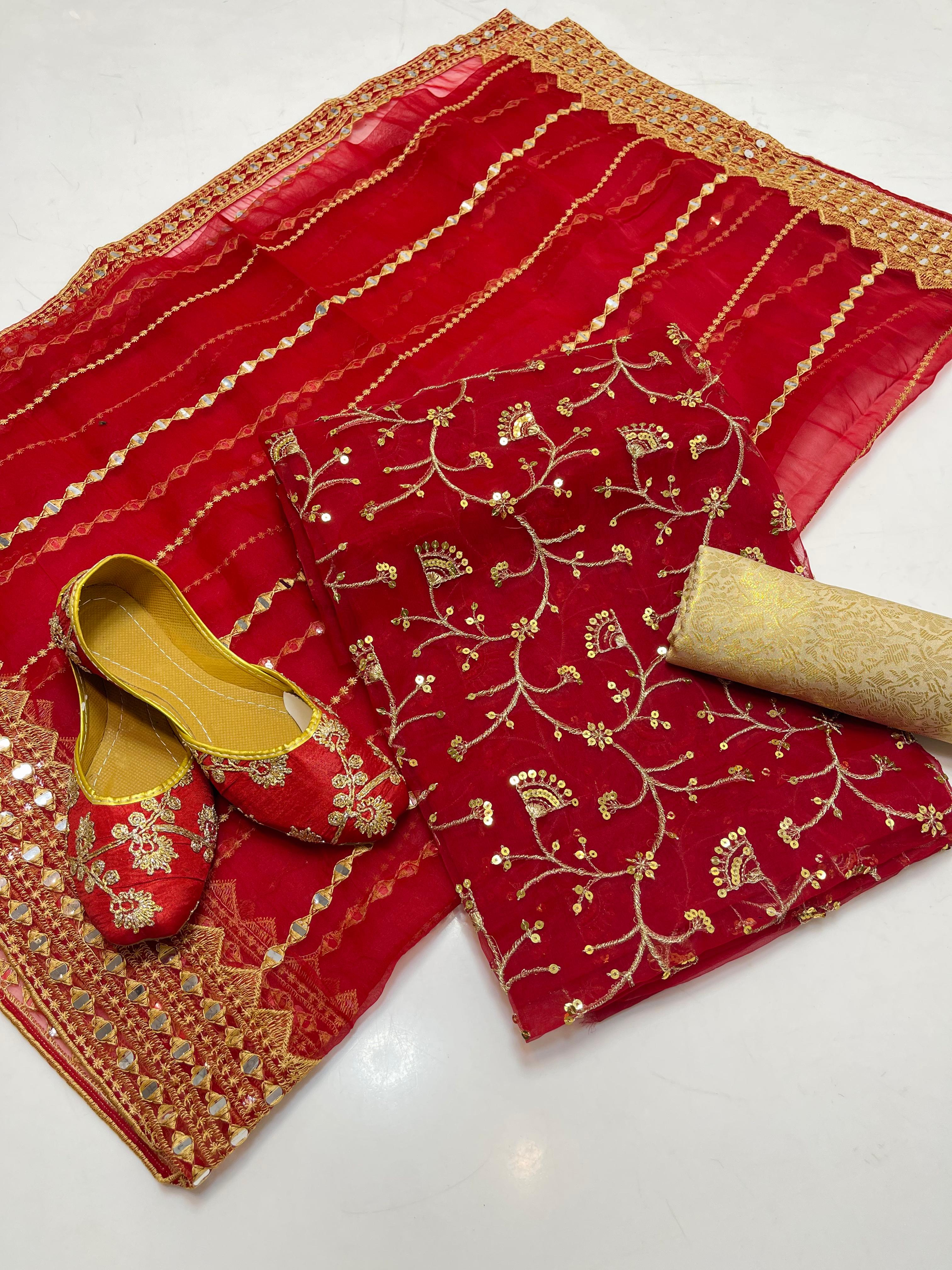 ✅Organza embroidery work shirt 
✅ tissue 9mm embroidery work duppata 
Jamawar banarsi trouser 
With beautiful khusa 
4piece dress 👗