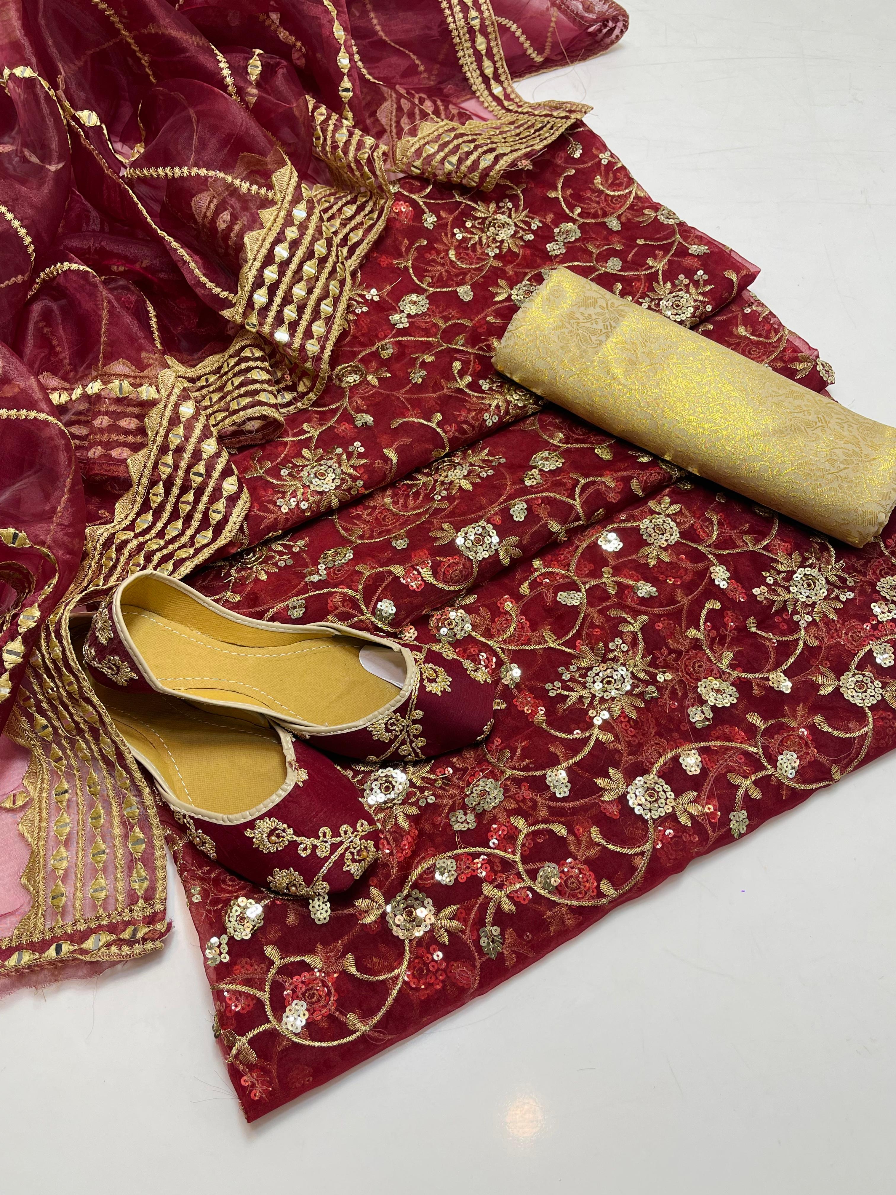 ✅Organza embroidery work shirt 
✅ tissue 9mm embroidery work duppata 
Jamawar banarsi trouser 
With beautiful khusa 
4piece dress 👗