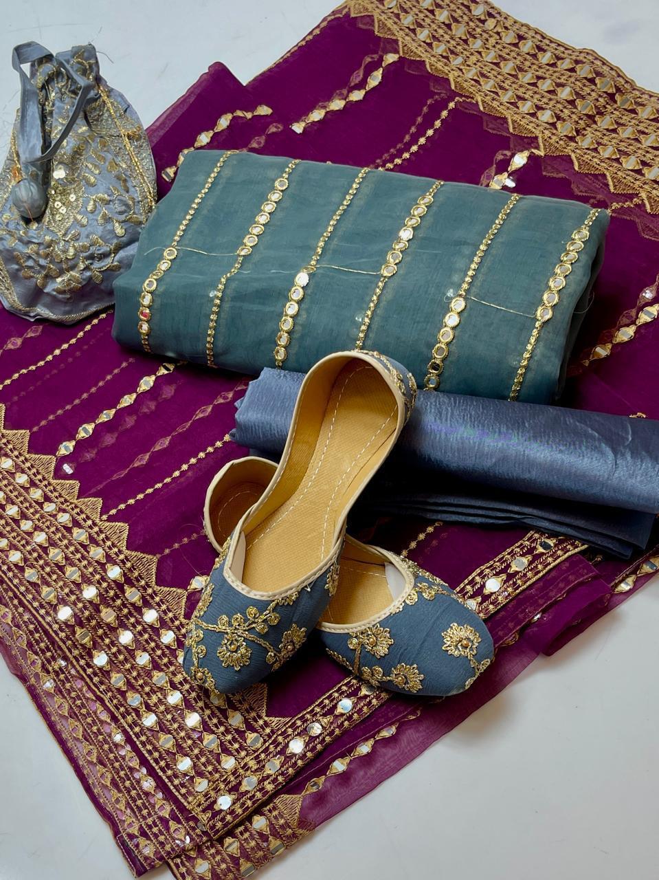 Party Wear 5pc Embroidered Suit with Dupatta, Khusa & Bag – Premium Collection