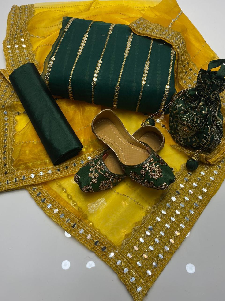 Party Wear 5pc Embroidered Suit with Dupatta, Khusa & Bag – Premium Collection