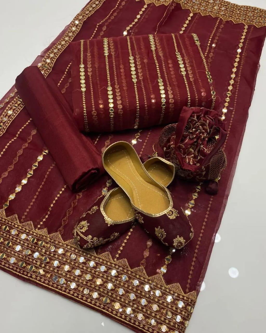 Party Wear 5pc Embroidered Suit with Dupatta, Khusa & Bag – Premium Collection