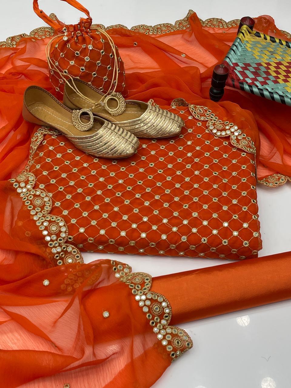 Fancy 5pc Embroidered Suit with Dupatta, Khussa & Bag – Premium Collection
