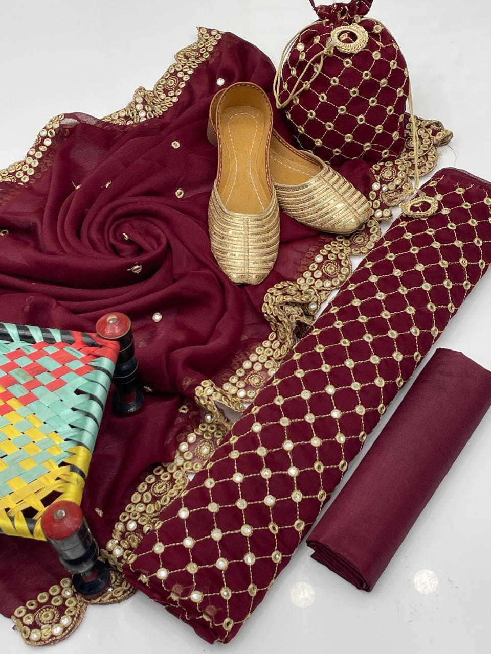 Fancy 5pc Embroidered Suit with Dupatta, Khussa & Bag – Premium Collection