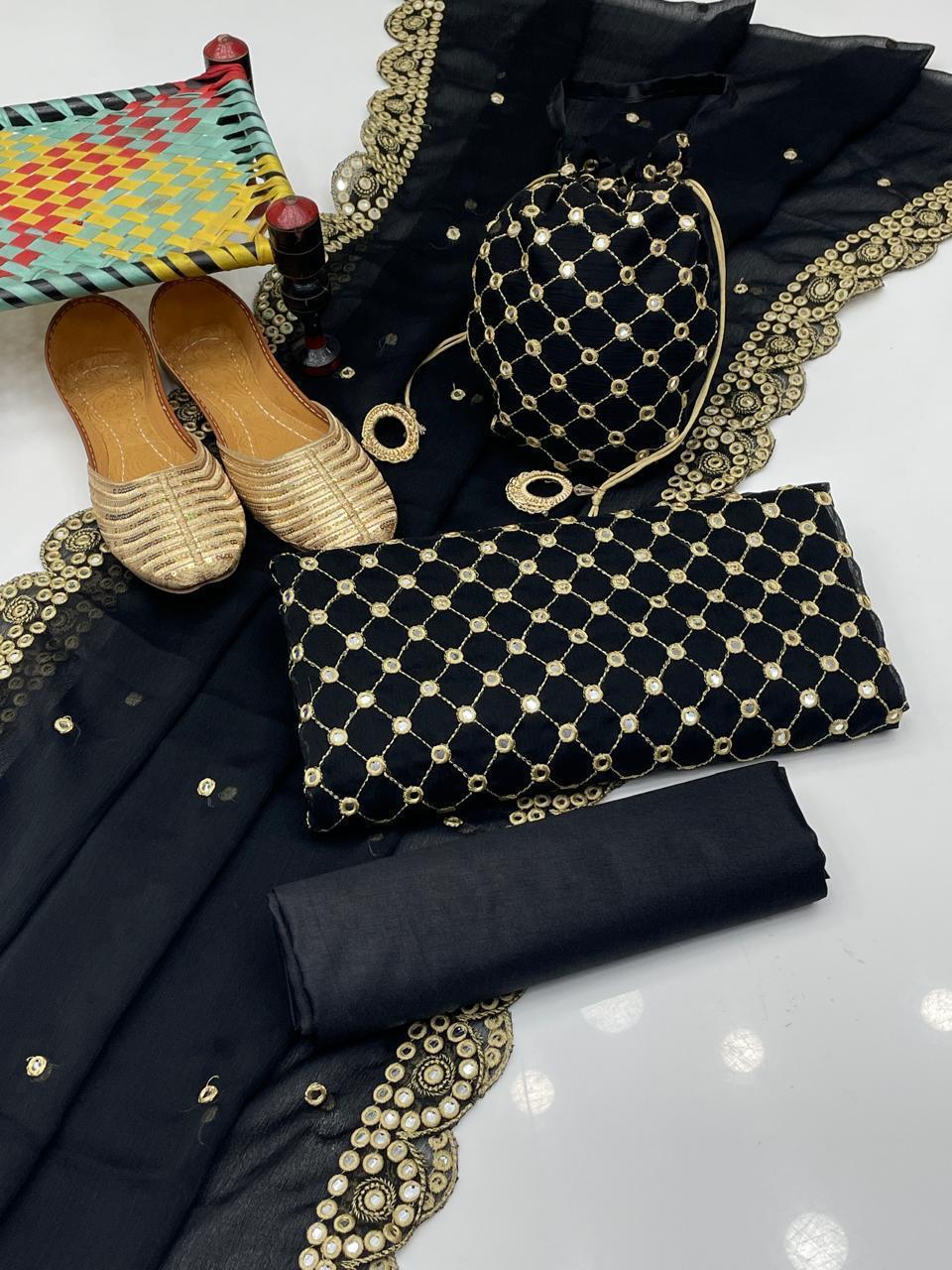 Fancy 5pc Embroidered Suit with Dupatta, Khussa & Bag – Premium Collection