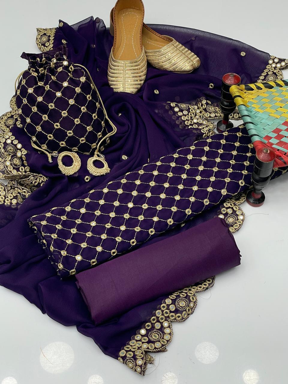 Fancy 5pc Embroidered Suit with Dupatta, Khussa & Bag – Premium Collection