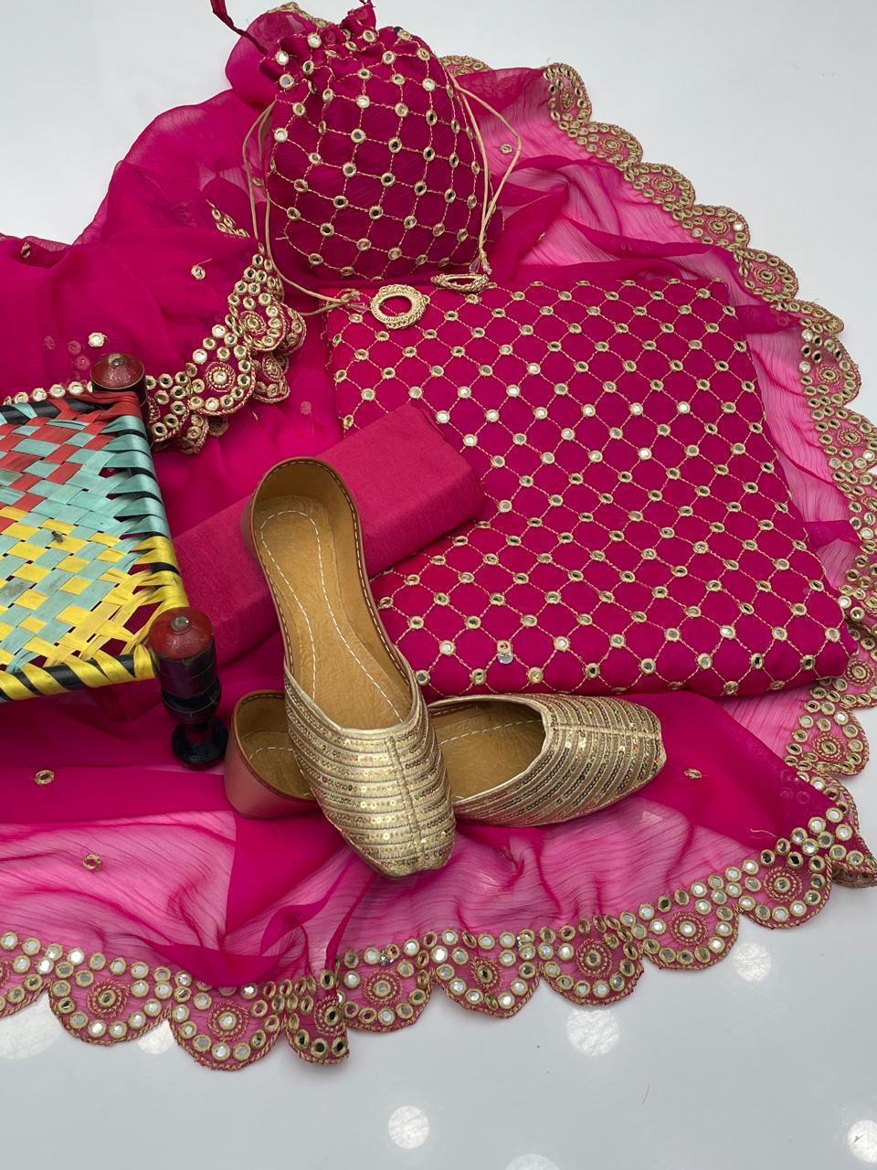 Fancy 5pc Embroidered Suit with Dupatta, Khussa & Bag – Premium Collection