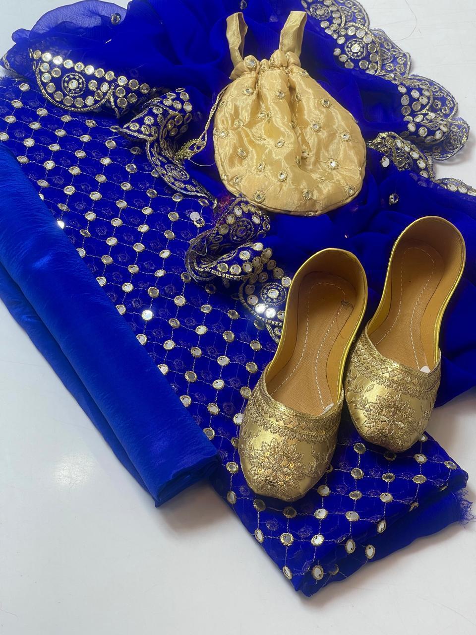 Fancy 5pc Embroidered Suit with Dupatta, Khussa & Bag – Premium Collection