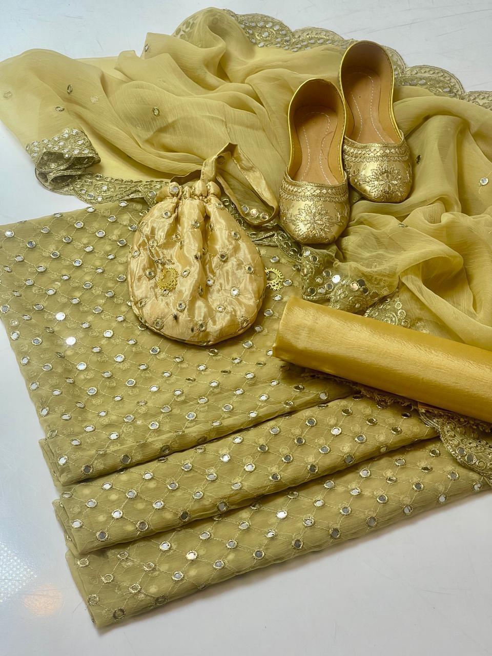 Fancy 5pc Embroidered Suit with Dupatta, Khussa & Bag – Premium Collection