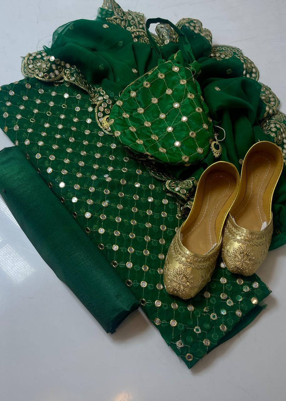 Fancy 5pc Embroidered Suit with Dupatta, Khussa & Bag – Premium Collection