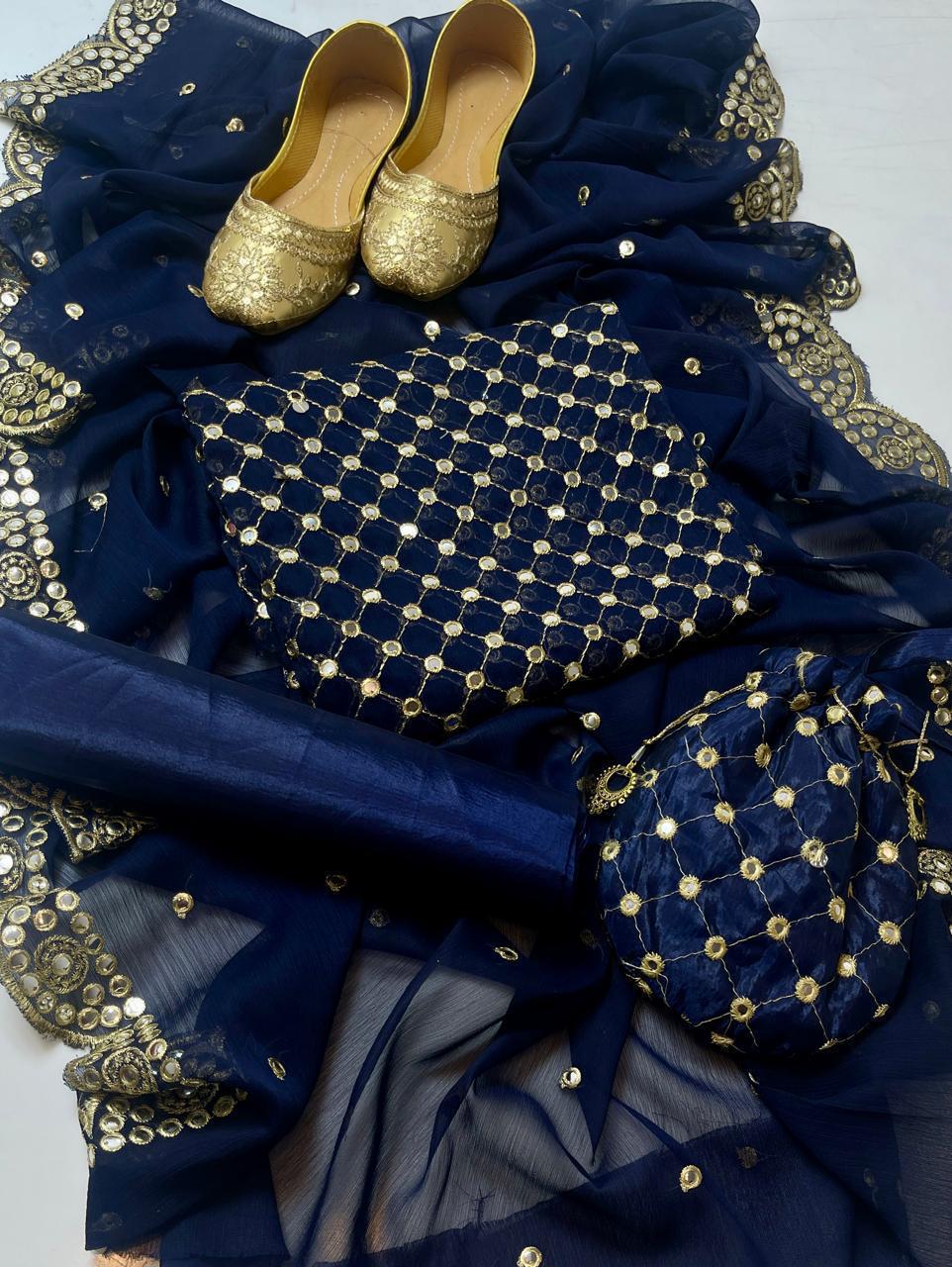 Fancy 5pc Embroidered Suit with Dupatta, Khussa & Bag – Premium Collection