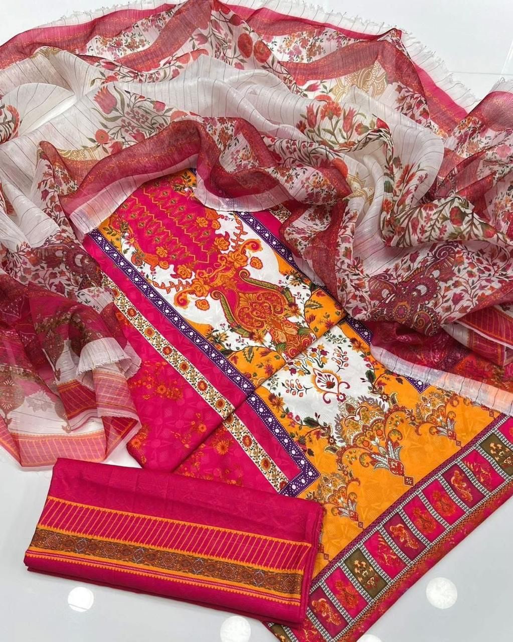 Self Swiss Jacquard 3pc Digital Printed Lawn Suit – Premium Unstitched