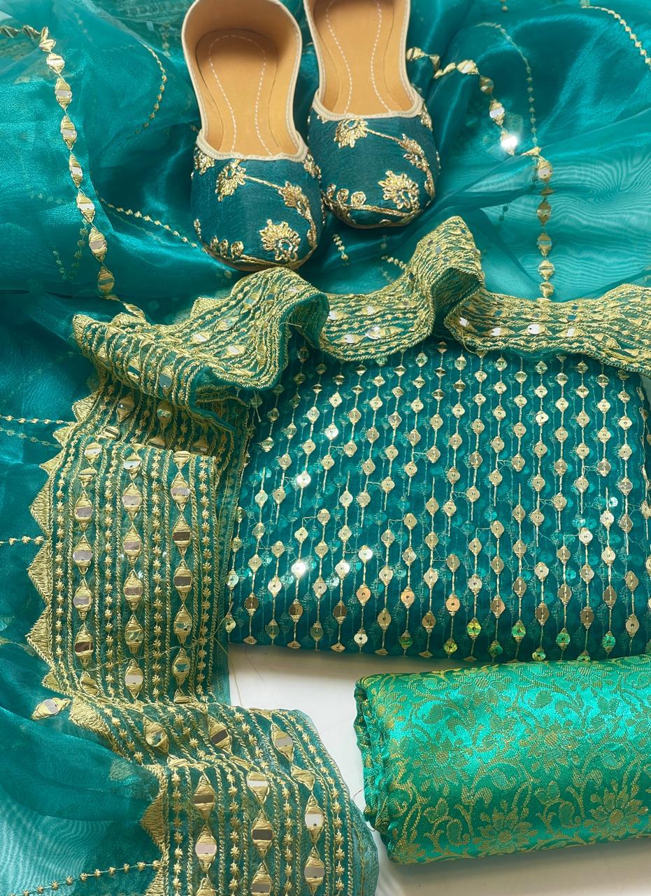Fancy Collection – Organza Embroidered 3pc Suit with Khussa | Most Demanded