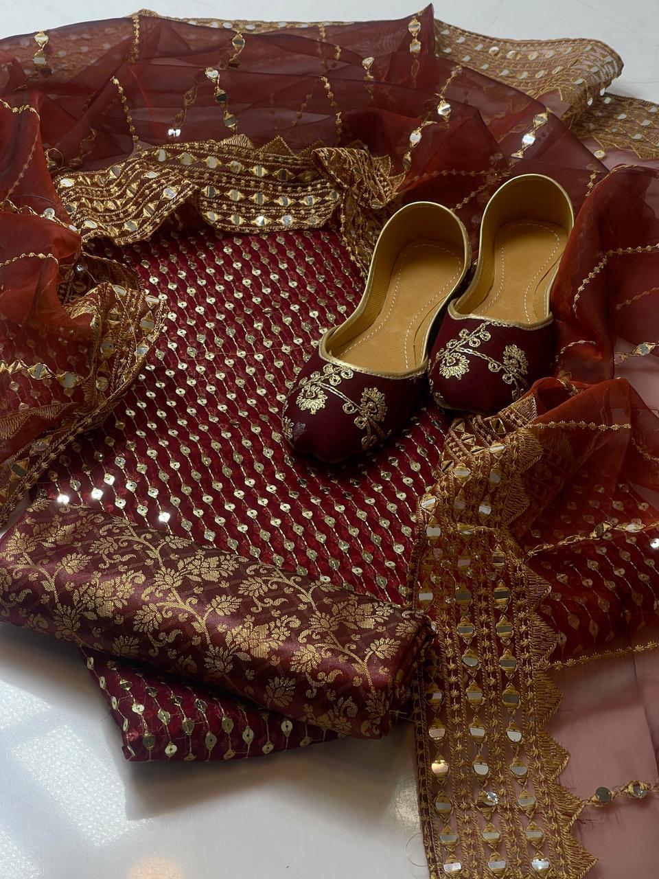 Fancy Collection – Organza Embroidered 3pc Suit with Khussa | Most Demanded