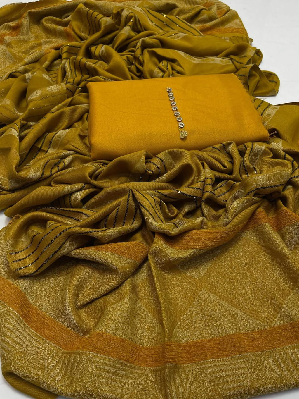 *Stuff: Wool special*
Wool shirt and trouser 
*Heavy indian broshia + Velvet + Sequence work Shawl* 
 *3 yard cutting shawl ✂️* 
- *With Mirror neckline ❤️*