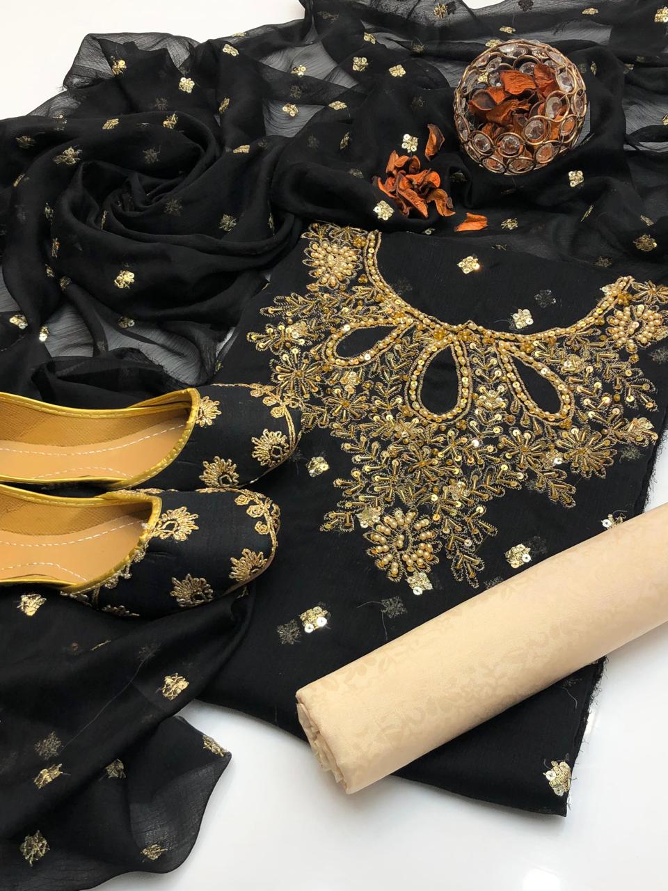 Handmade collection 
Most Beautiful & demanded article 
Shafon boti work & handmad work shirt
Shafon boti work duppata
Masoori trouser
With khusa for gift 🎁 (6-10)