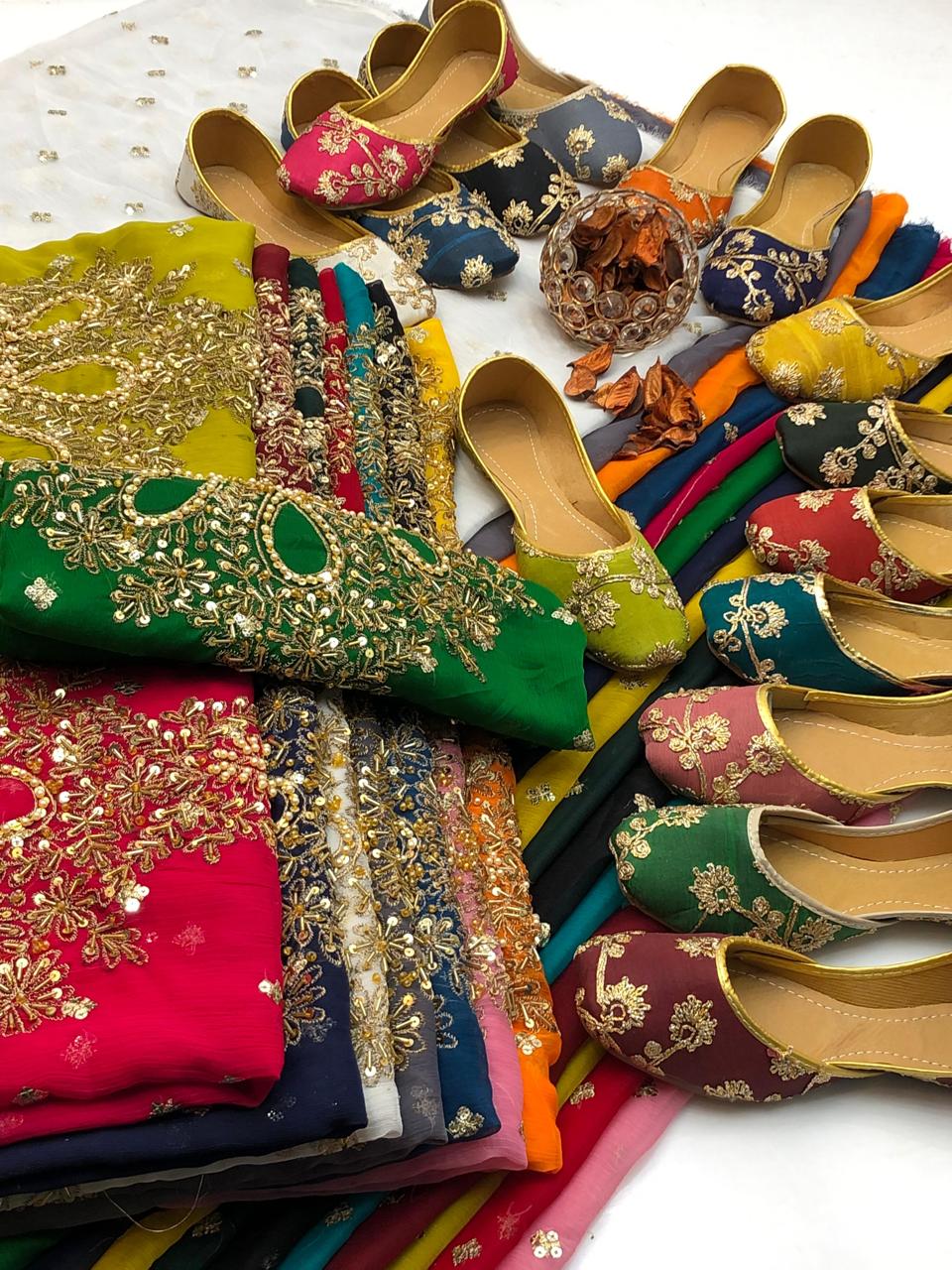 Handmade collection 
Most Beautiful & demanded article 
Shafon boti work & handmad work shirt
Shafon boti work duppata
Masoori trouser
With khusa for gift 🎁 (6-10)