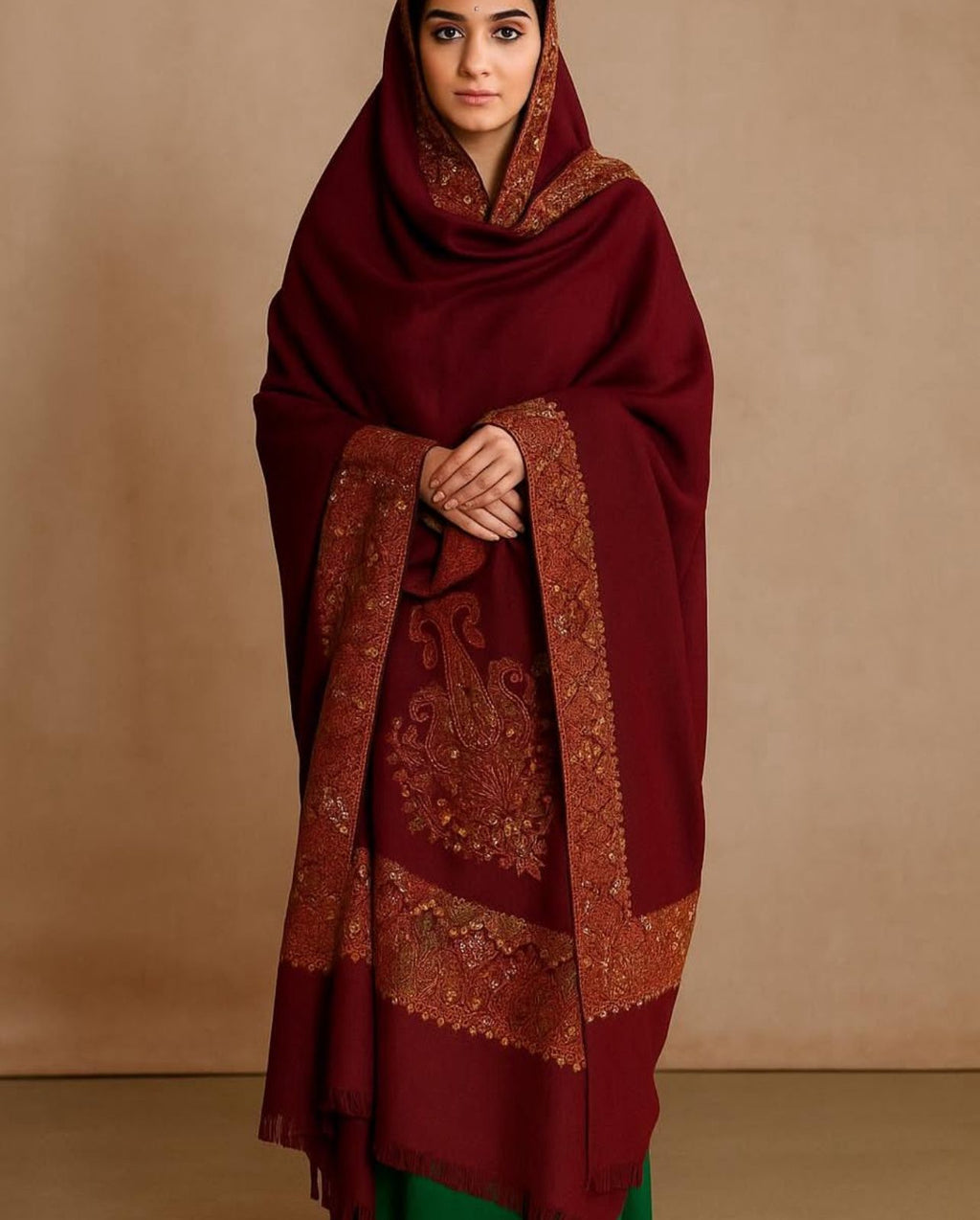 Pashmina Shawl
Elegant And Beautiful Hand Made Kashmiri Embroidery With Block Print 
Excellent Quality Pashmina
2.5 Yard length 
1.25 Yard Width
88 Inches Length 
44 Inches Width