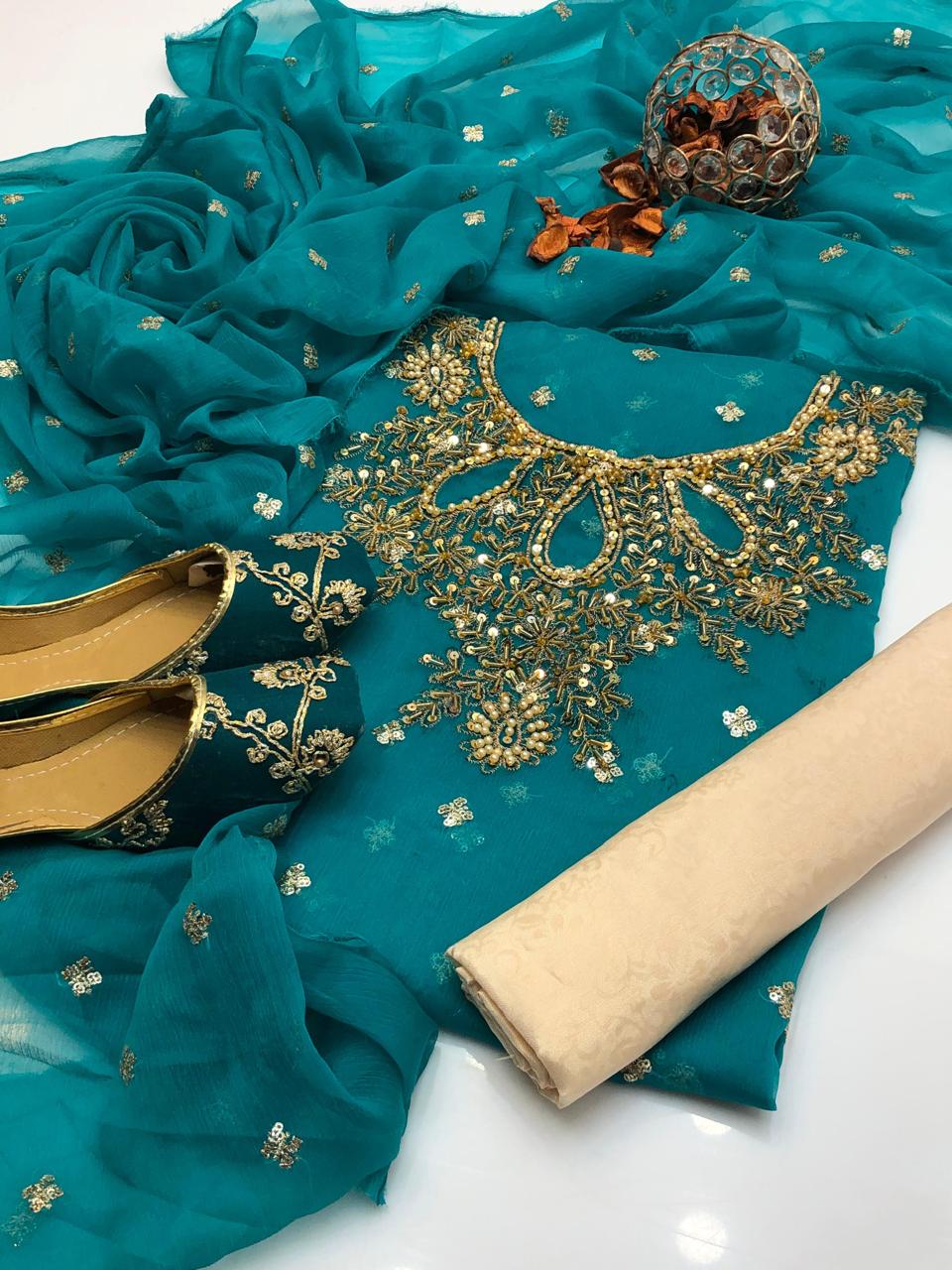 Handmade collection 
Most Beautiful & demanded article 
Shafon boti work & handmad work shirt
Shafon boti work duppata
Masoori trouser
With khusa for gift 🎁 (6-10)