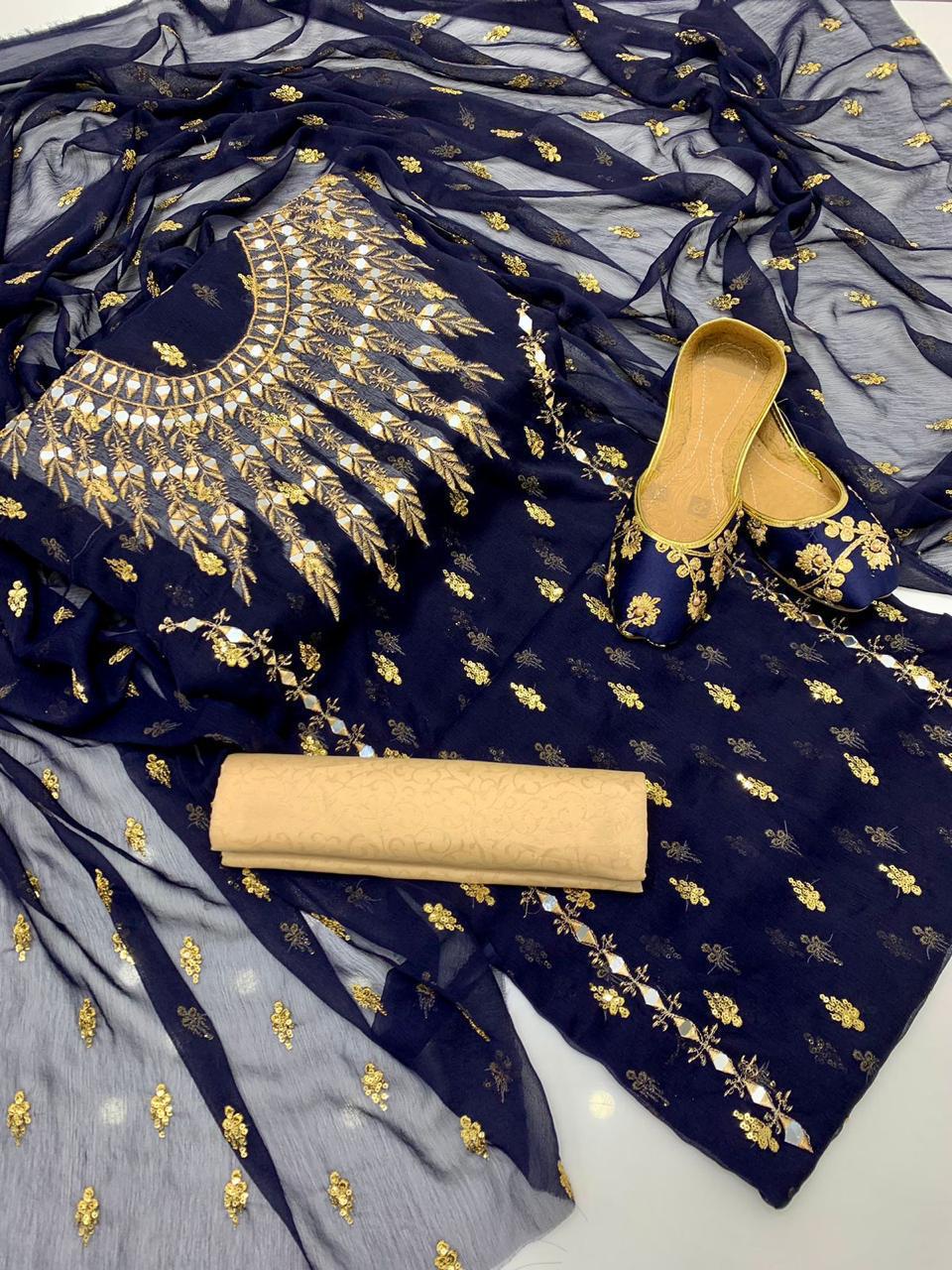 🔥Most Demanding Artical 🔥 
Shafon boti work & mirror work shirt
Shafon boti work duppata
Masoori trouser
With khusa