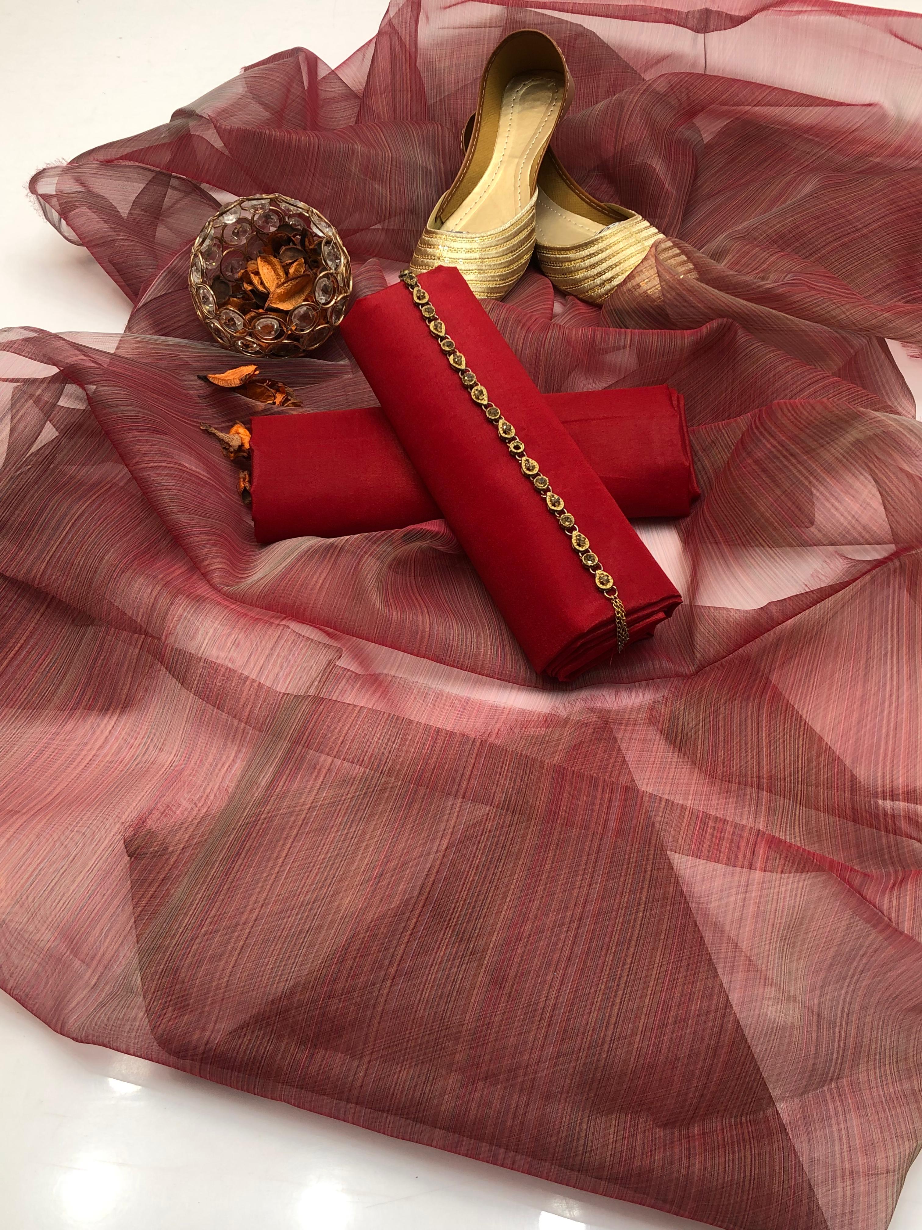 ✅Katan plan shirt
✅Organza zari border duppata 
✅Kataan silk trouser 
✅ with khusa