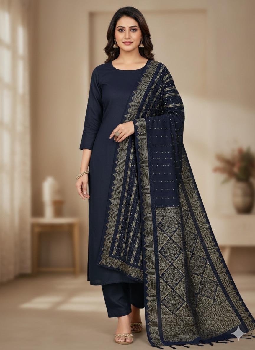 *Stuff: Wool special*
Wool shirt and trouser 
*Heavy indian broshia + Velvet + Sequence work Shawl* 
 *3 yard cutting shawl ✂️* 
- *With Mirror neckline ❤️*