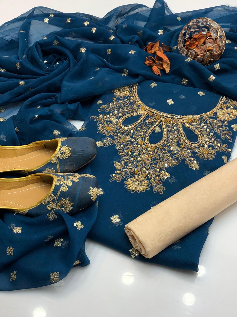 Handmade collection 
Most Beautiful & demanded article 
Shafon boti work & handmad work shirt
Shafon boti work duppata
Masoori trouser
With khusa for gift 🎁 (6-10)