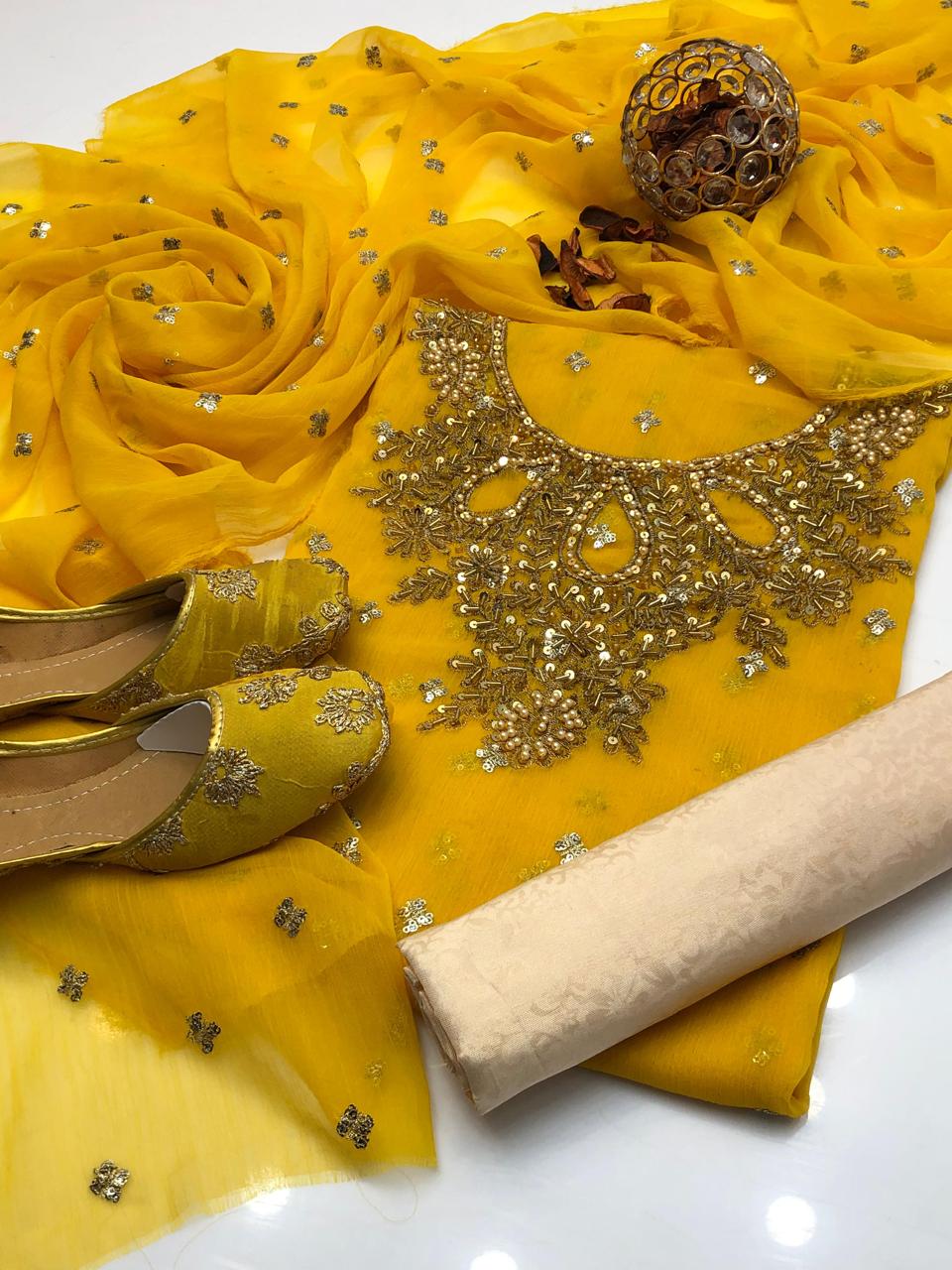 Handmade collection 
Most Beautiful & demanded article 
Shafon boti work & handmad work shirt
Shafon boti work duppata
Masoori trouser
With khusa for gift 🎁 (6-10)