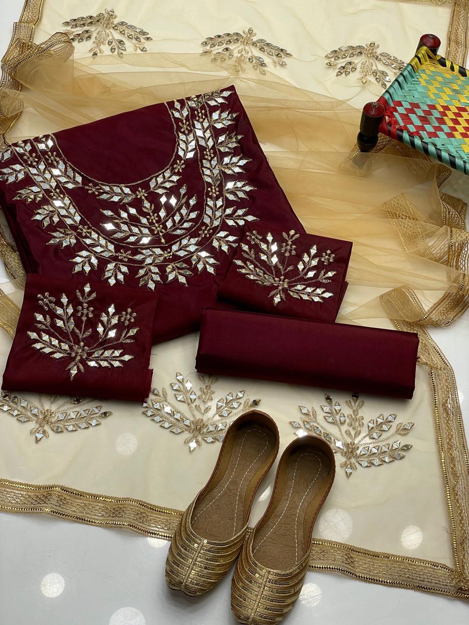 ✨New collection ✨ 2025

✅04 Pcs Dress
✅ Pure kattan silk heavy mirror work embroidery shirt & bazo embroidery 
✅ Golden mirror embroidery net dupata with indian lass and tasil 
✅ Pure Kattan silk trouser
✅with khussa