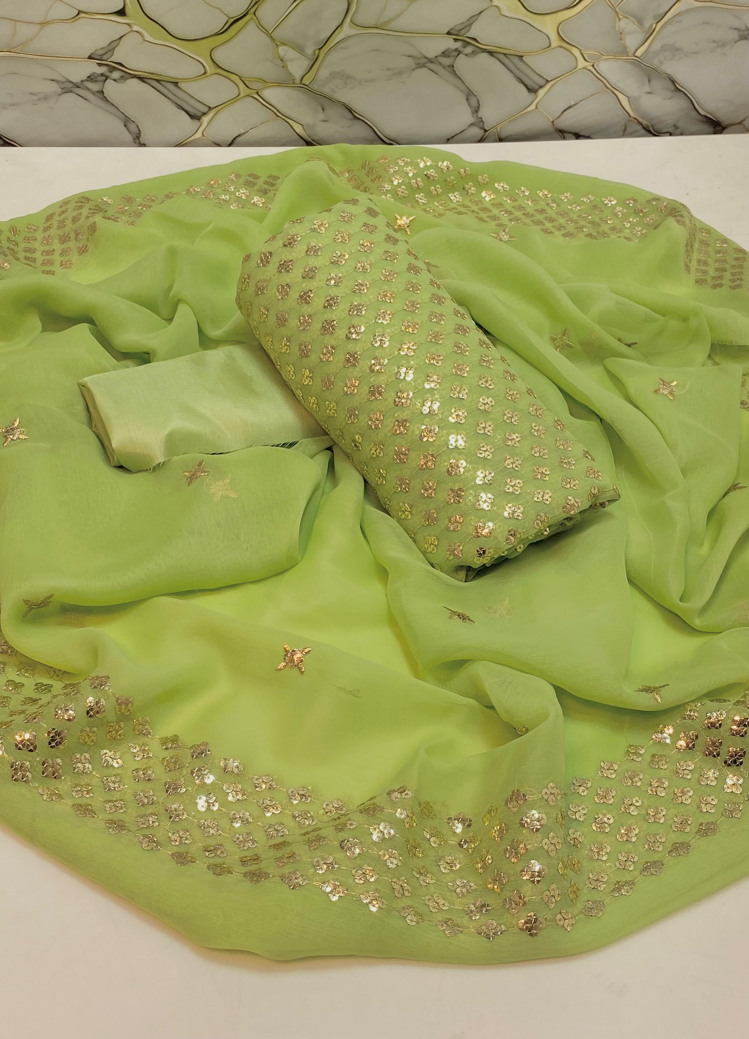 Chiffon  sequence embroidery front back same 
Chiffonc sequence border work dupatta 
Katan silk trousers 
3 piece dress 👗 👗