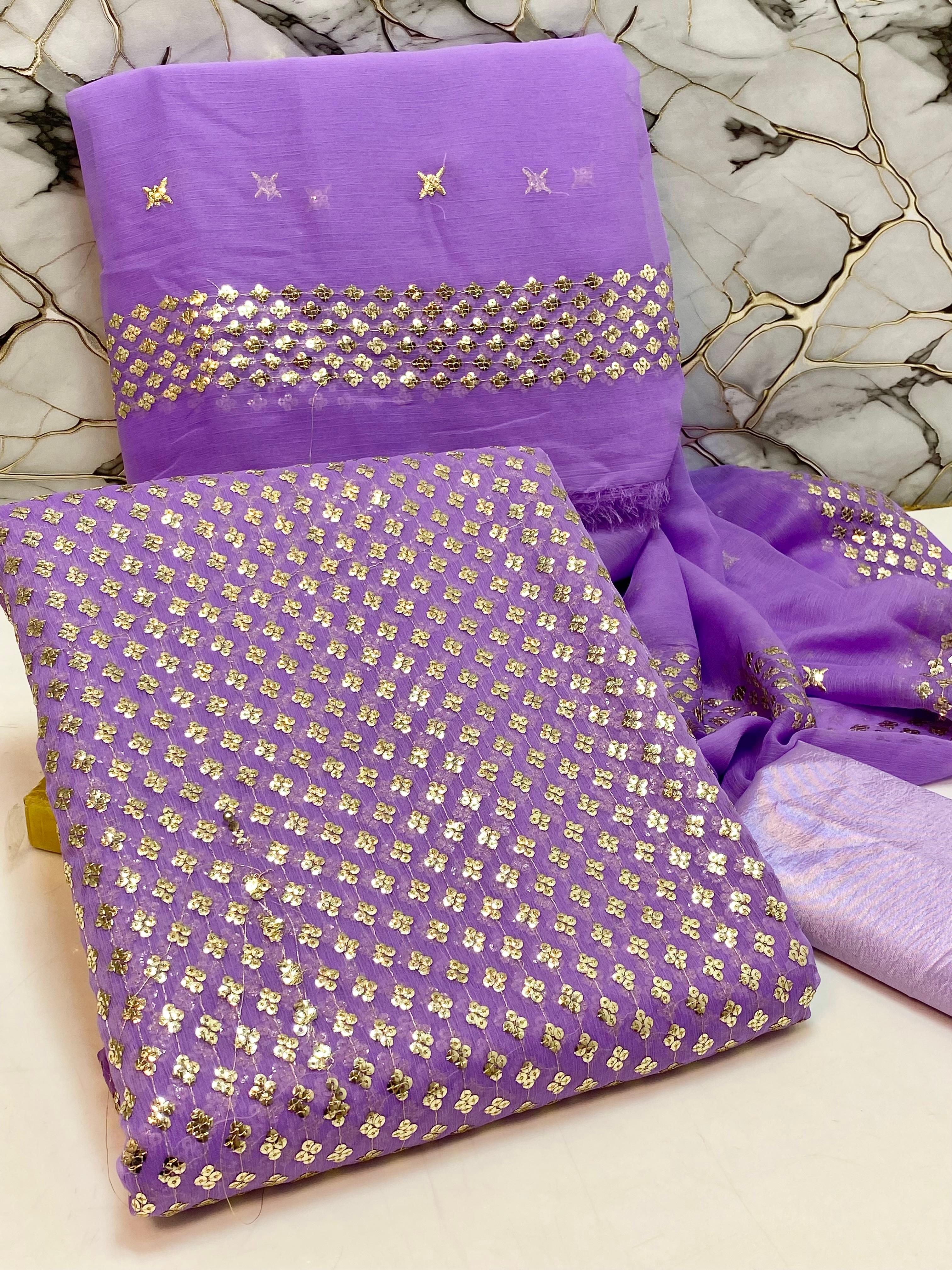Chiffon  sequence embroidery front back same 
Chiffonc sequence border work dupatta 
Katan silk trousers 
3 piece dress 👗 👗