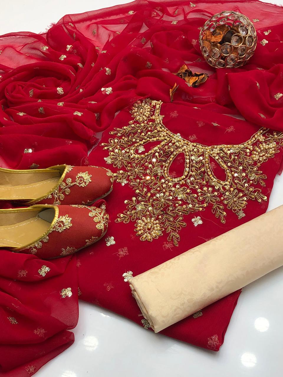 Handmade collection 
Most Beautiful & demanded article 
Shafon boti work & handmad work shirt
Shafon boti work duppata
Masoori trouser
With khusa for gift 🎁 (6-10)