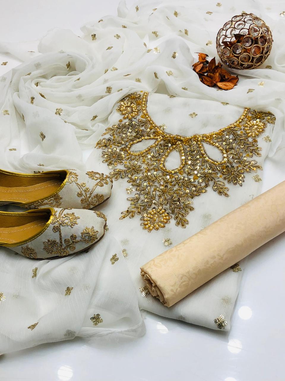 Handmade collection 
Most Beautiful & demanded article 
Shafon boti work & handmad work shirt
Shafon boti work duppata
Masoori trouser
With khusa for gift 🎁 (6-10)