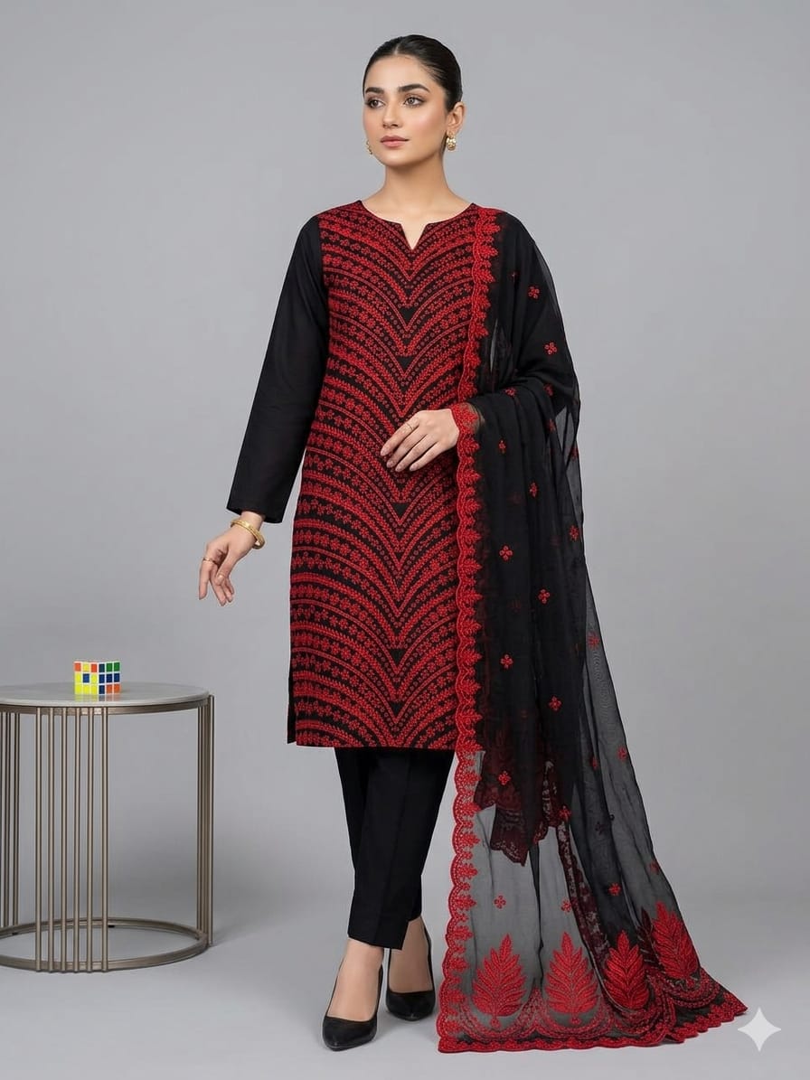 ❇️Stuff Lawn Cotton 
3pc Dress 👗 
❇️Shirt Chickenkari Boring All Over Embroidery 
❇️Dupataa Chiffon Cut Work Boring Embroidery 
❇️Plain Sleeves &  Trouser