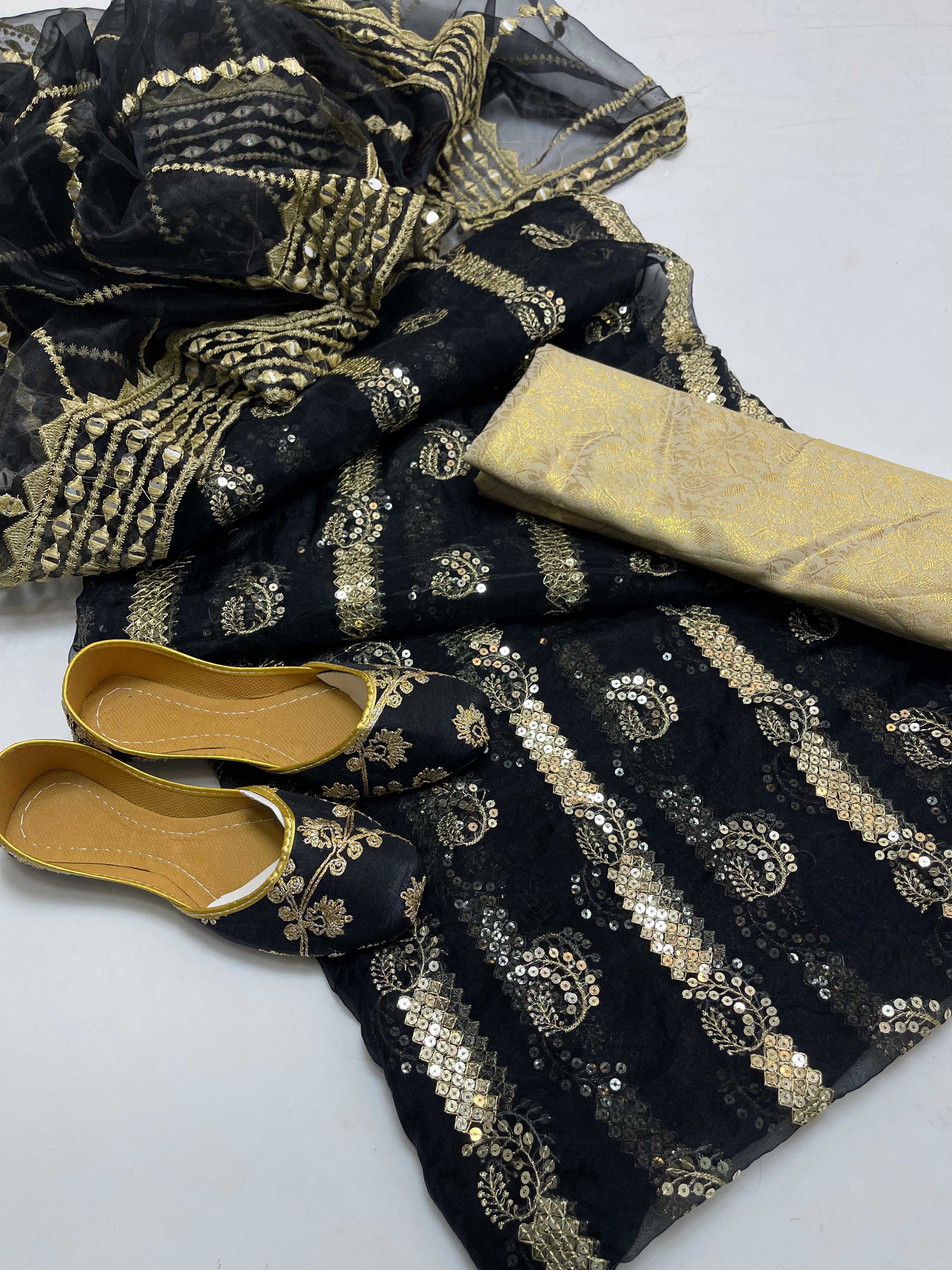 Organza embroidery front back same shirt 
Tissue beautiful embroidery work duppata 
Jamawar banarsi trouser 
With khusa