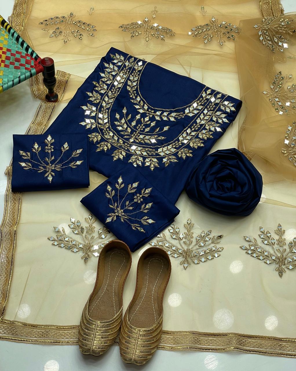 Raw Silk Mirror work Shirt Neck , Sleeves work , Net mirror dupatta,along Raw silk trouser