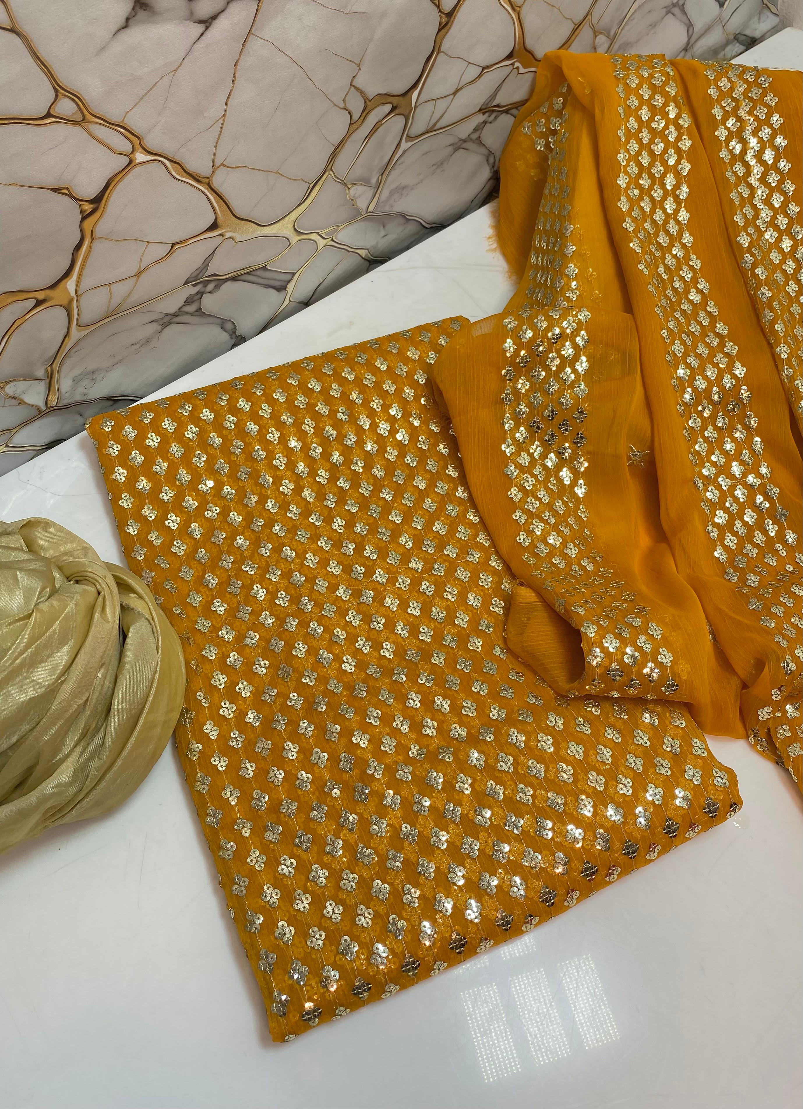 Chiffon  sequence embroidery front back same 
Chiffonc sequence border work dupatta 
Katan silk trousers 
3 piece dress 👗 👗