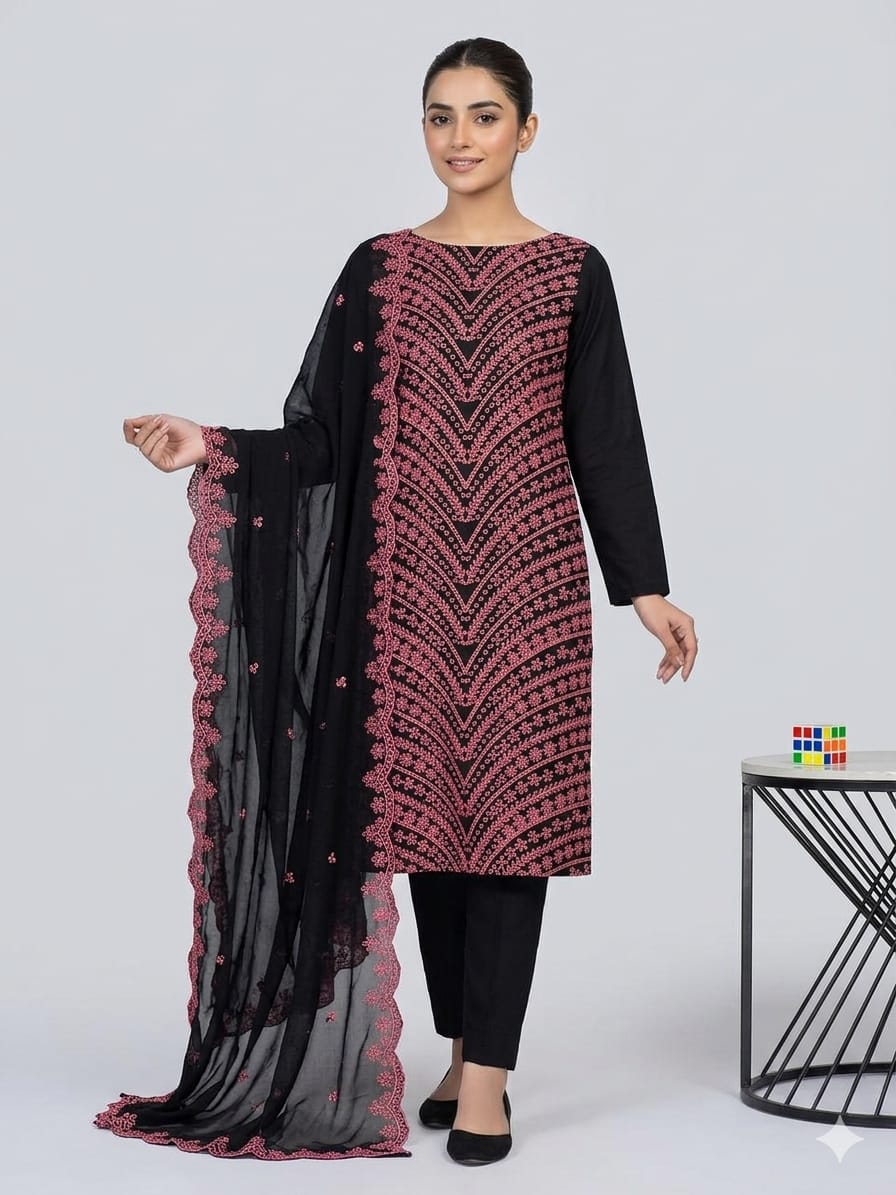 ❇️Stuff Lawn Cotton 
3pc Dress 👗 
❇️Shirt Chickenkari Boring All Over Embroidery 
❇️Dupataa Chiffon Cut Work Boring Embroidery 
❇️Plain Sleeves &  Trouser