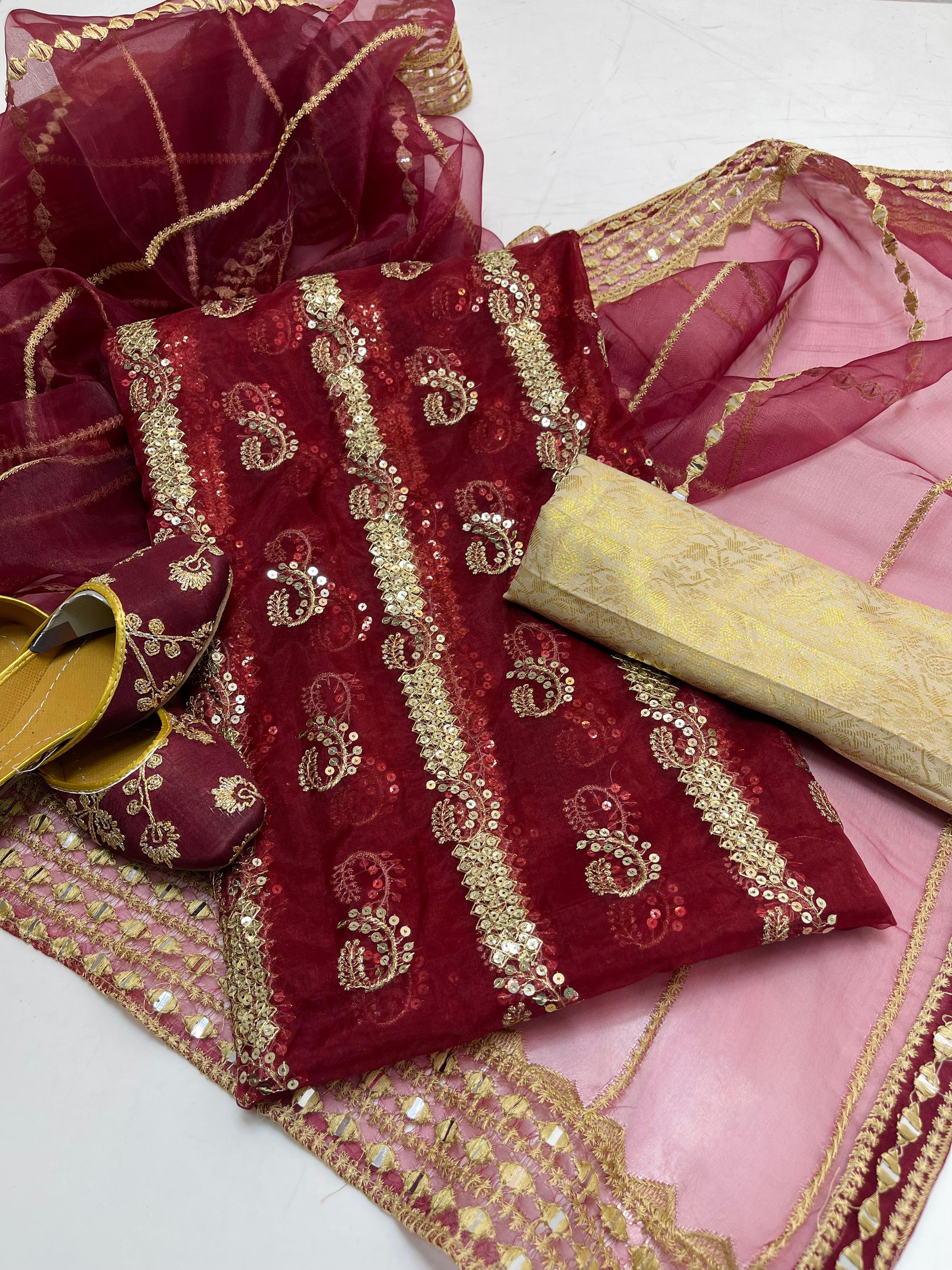Organza embroidery front back same shirt 
Tissue beautiful embroidery work duppata 
Jamawar banarsi trouser 
With khusa
