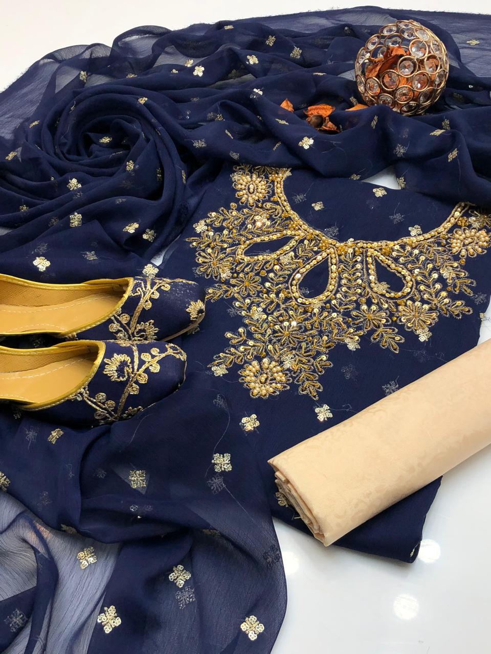 Handmade collection 
Most Beautiful & demanded article 
Shafon boti work & handmad work shirt
Shafon boti work duppata
Masoori trouser
With khusa for gift 🎁 (6-10)