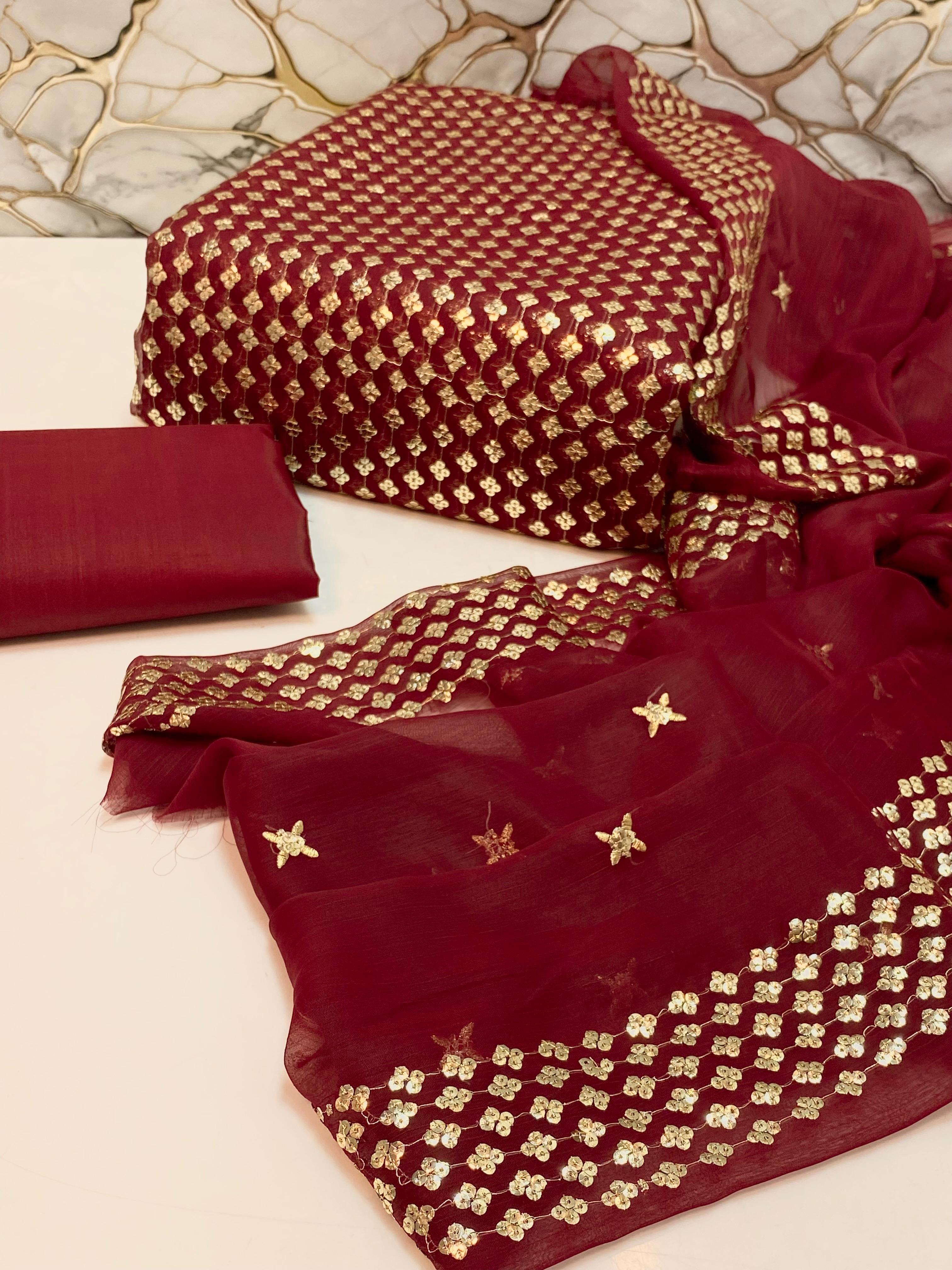 Chiffon  sequence embroidery front back same 
Chiffonc sequence border work dupatta 
Katan silk trousers 
3 piece dress 👗 👗