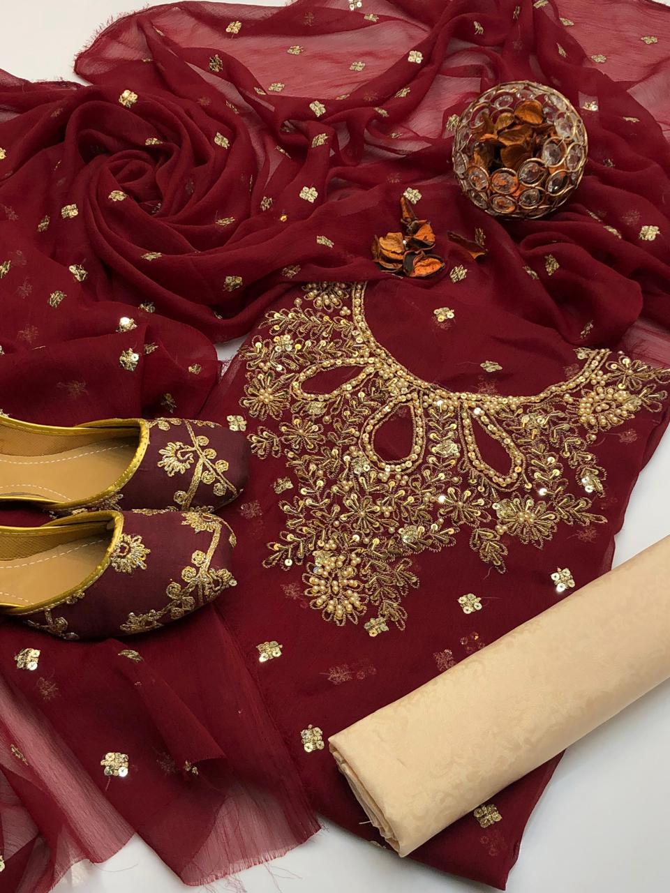 Handmade collection 
Most Beautiful & demanded article 
Shafon boti work & handmad work shirt
Shafon boti work duppata
Masoori trouser
With khusa for gift 🎁 (6-10)
