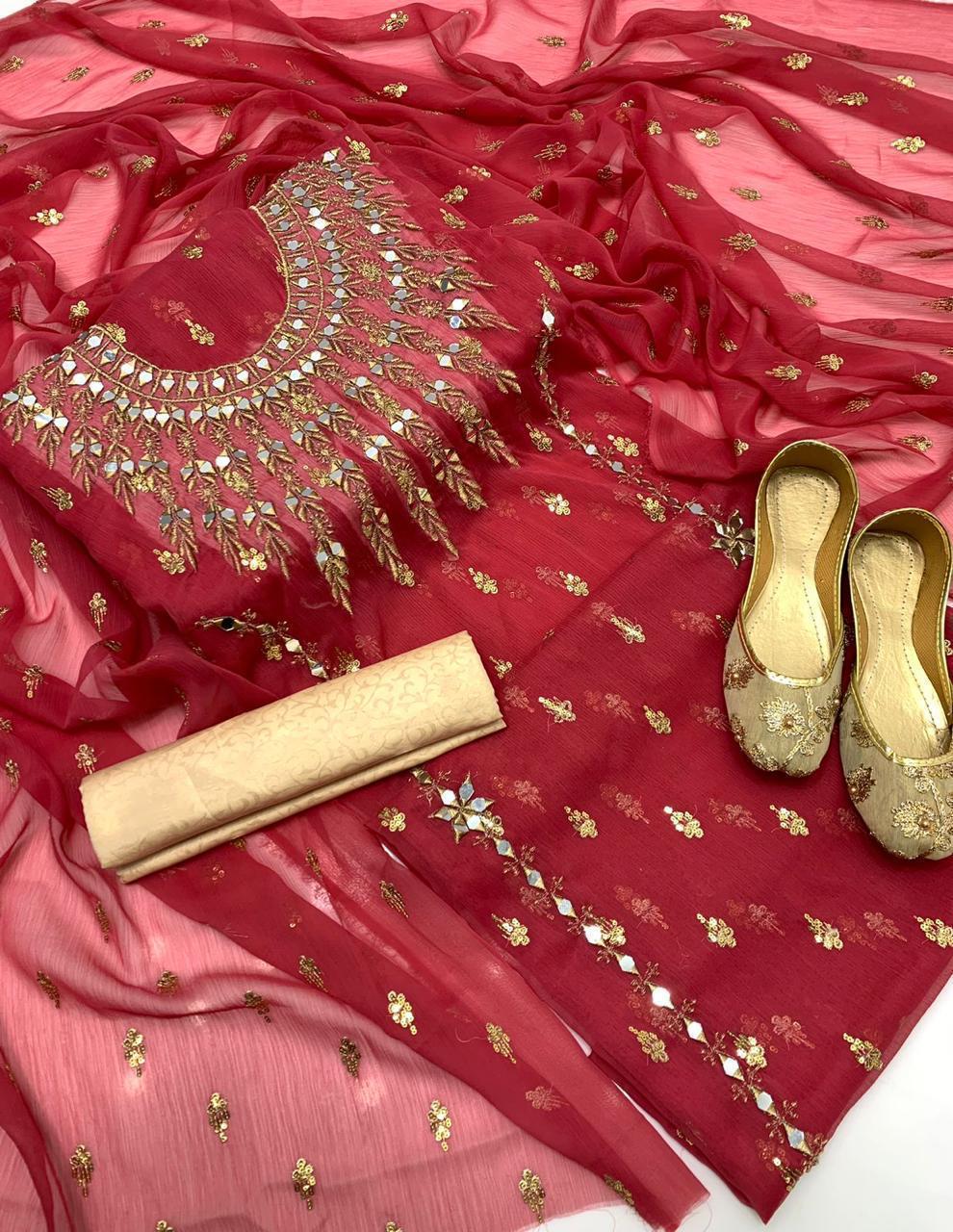 🔥Most Demanding Artical 🔥 
Shafon boti work & mirror work shirt
Shafon boti work duppata
Masoori trouser
With khusa