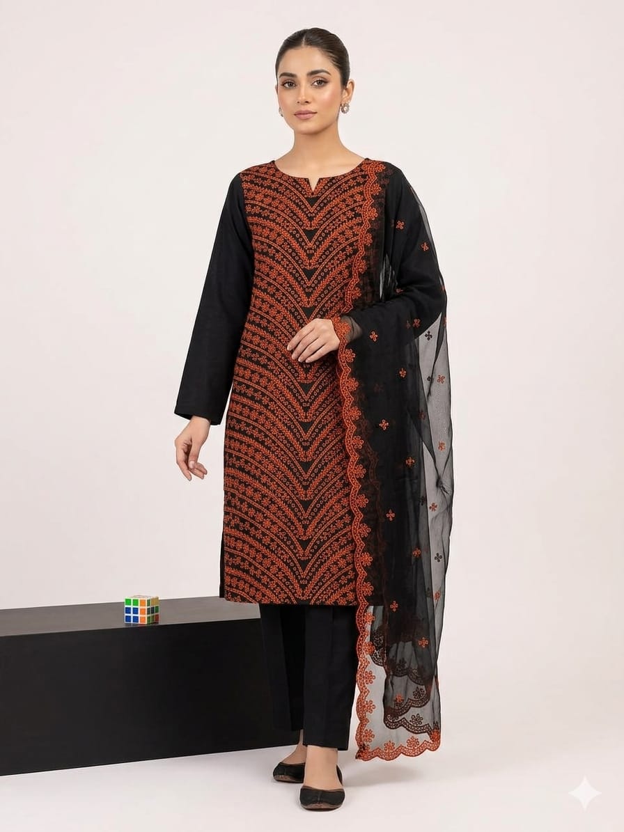 ❇️Stuff Lawn Cotton 
3pc Dress 👗 
❇️Shirt Chickenkari Boring All Over Embroidery 
❇️Dupataa Chiffon Cut Work Boring Embroidery 
❇️Plain Sleeves &  Trouser