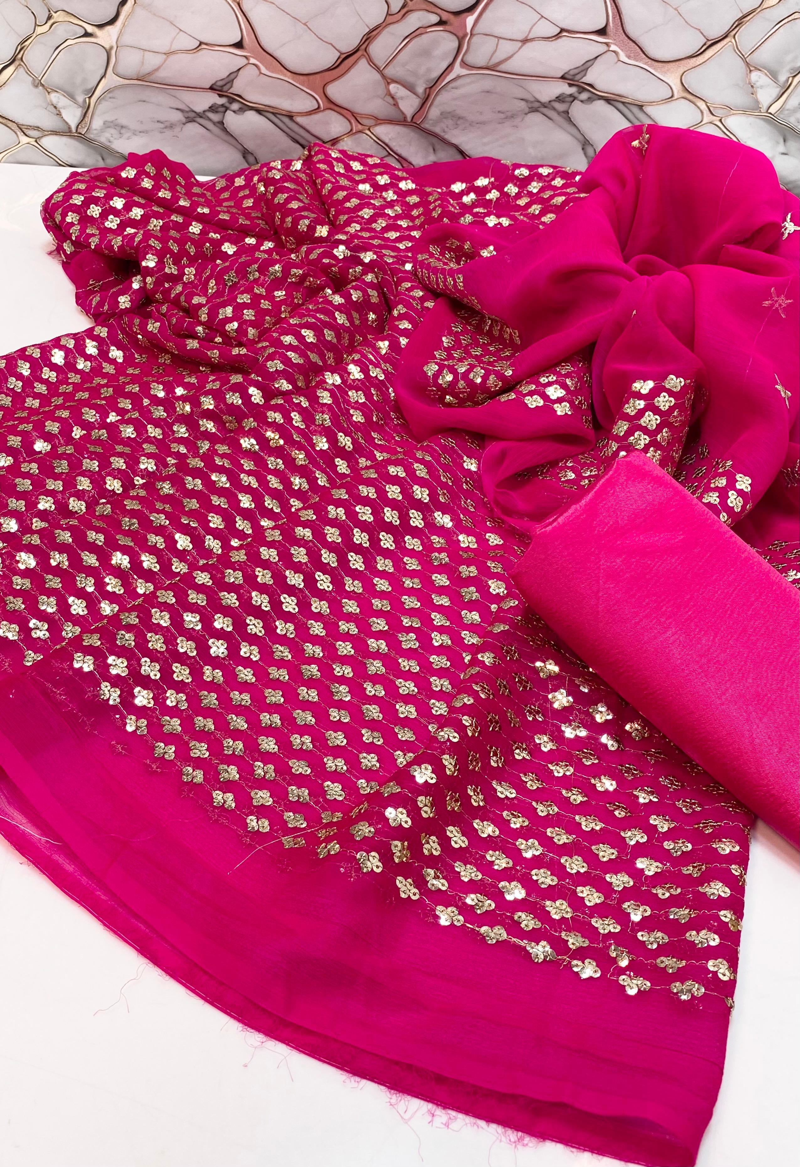 Chiffon  sequence embroidery front back same 
Chiffonc sequence border work dupatta 
Katan silk trousers 
3 piece dress 👗 👗