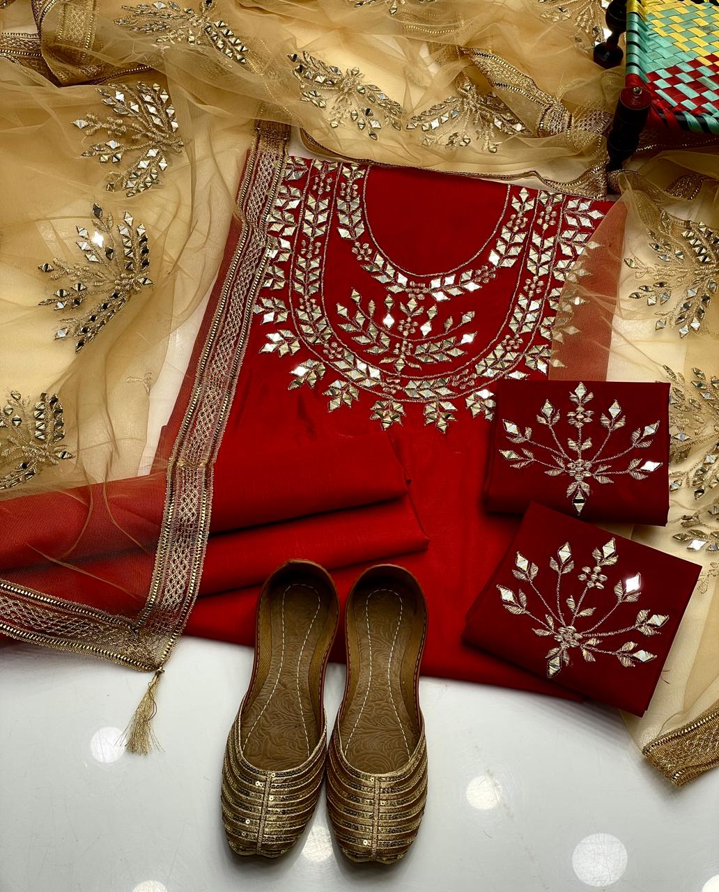 Raw Silk Mirror work Shirt Neck , Sleeves work , Net mirror dupatta,along Raw silk trouser
