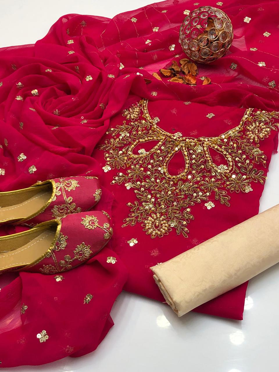 Handmade collection 
Most Beautiful & demanded article 
Shafon boti work & handmad work shirt
Shafon boti work duppata
Masoori trouser
With khusa for gift 🎁 (6-10)