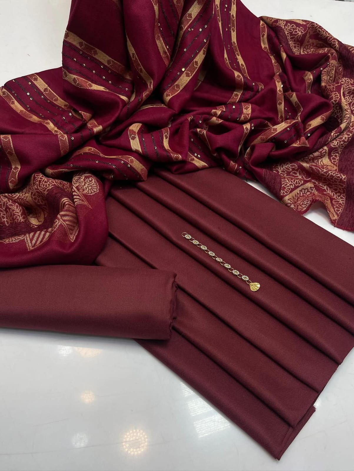 *Stuff: Wool special*
Wool shirt and trouser 
*Heavy indian broshia + Velvet + Sequence work Shawl* 
 *3 yard cutting shawl ✂️* 
- *With Mirror neckline ❤️*